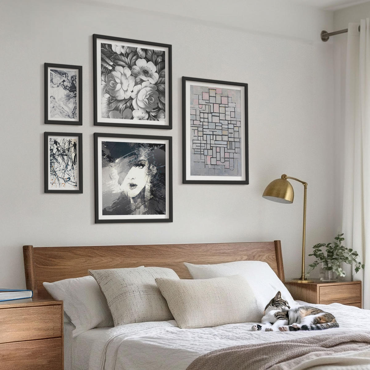 WANDBILDER 5er-Set - 50x50 cm & 20x30 cm & 40x60 cm Schwarzer Rahmen - Abstrakte schwarz-weiße Muster - Schwarz, Kunststoff (40/60cm) - ArtPrintCave