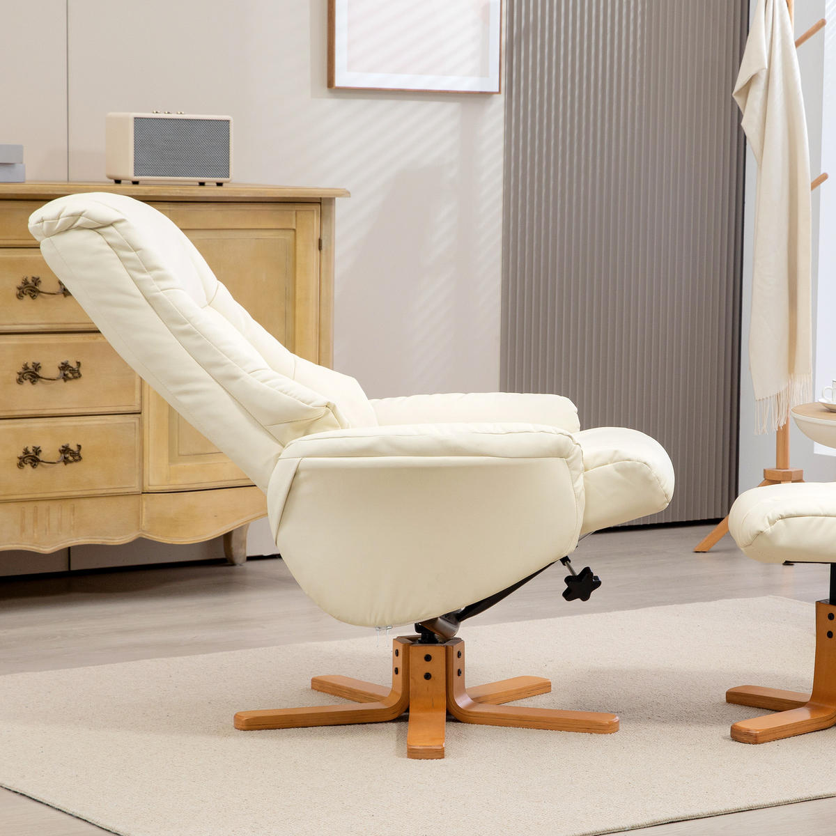 RELAXSESSEL mit Hocker, Fernsehsessel mit Liegefunktion, Wippfunktion, Schwarz - Creme/Weiß, Holz/Kunststoff (84/102/71cm) - HOMCOM