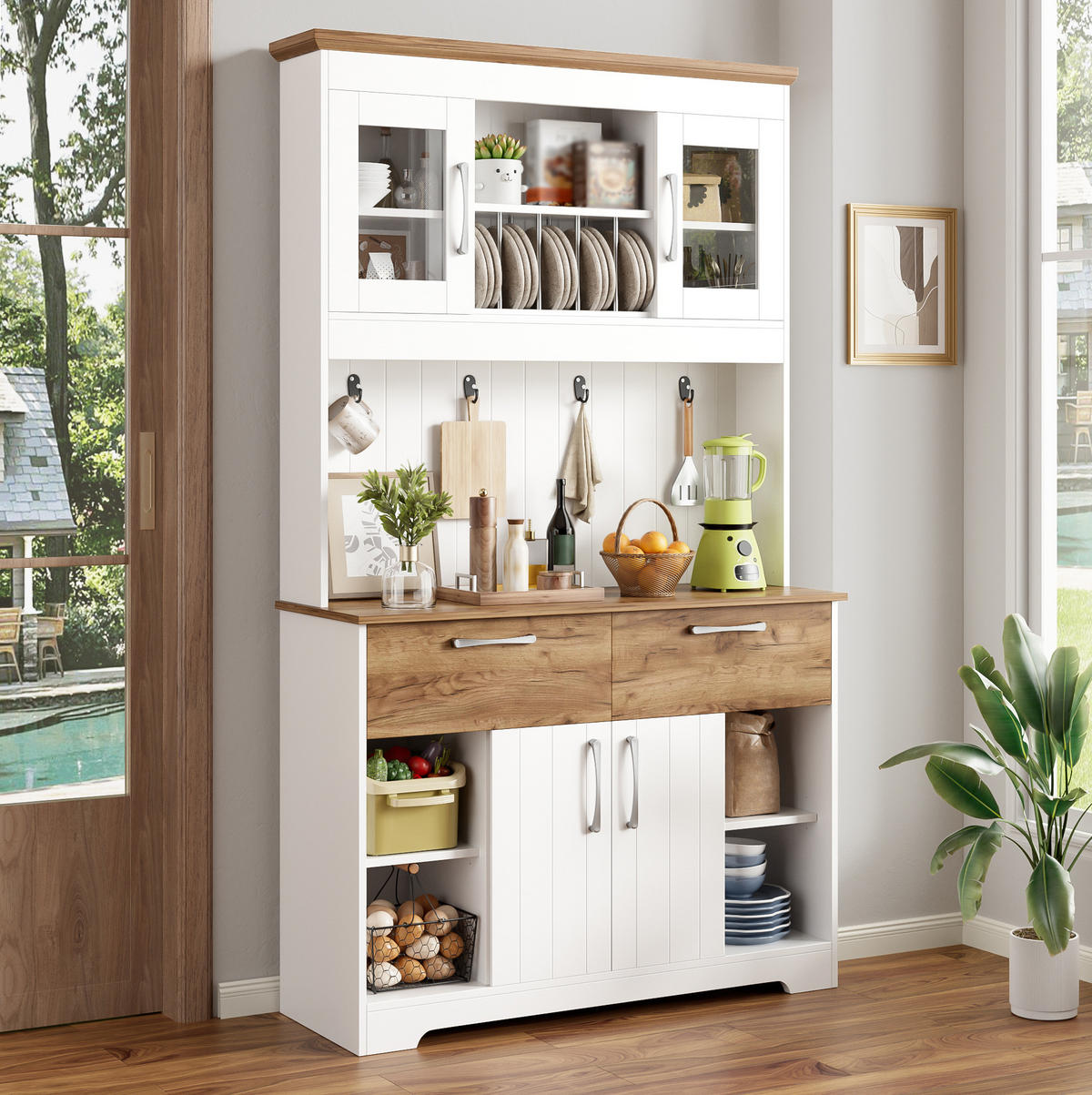 BUFFET 106/39/176,5 cm aus Spanplatte mit Vitrinenfächern und Hakenleiste Weiß/Natur - Naturfarben, Holzwerkstoff (106/176.5/39cm) - Modenvie