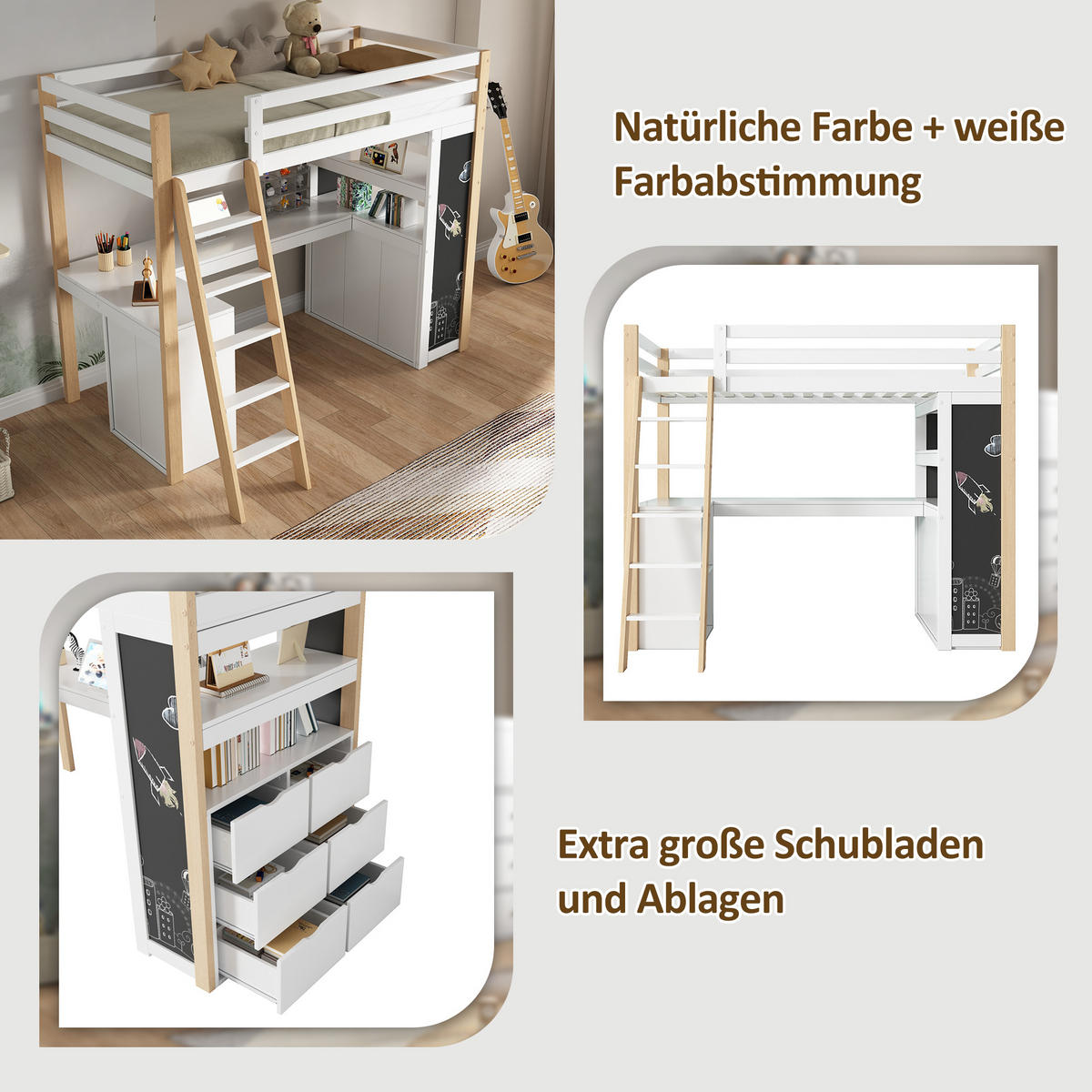 KINDERBETT 90x200cm Weiß+Natur Mit Schreibtisch & Tafel - Multicolor, Holzwerkstoff (90/200cm) - FLIEKS