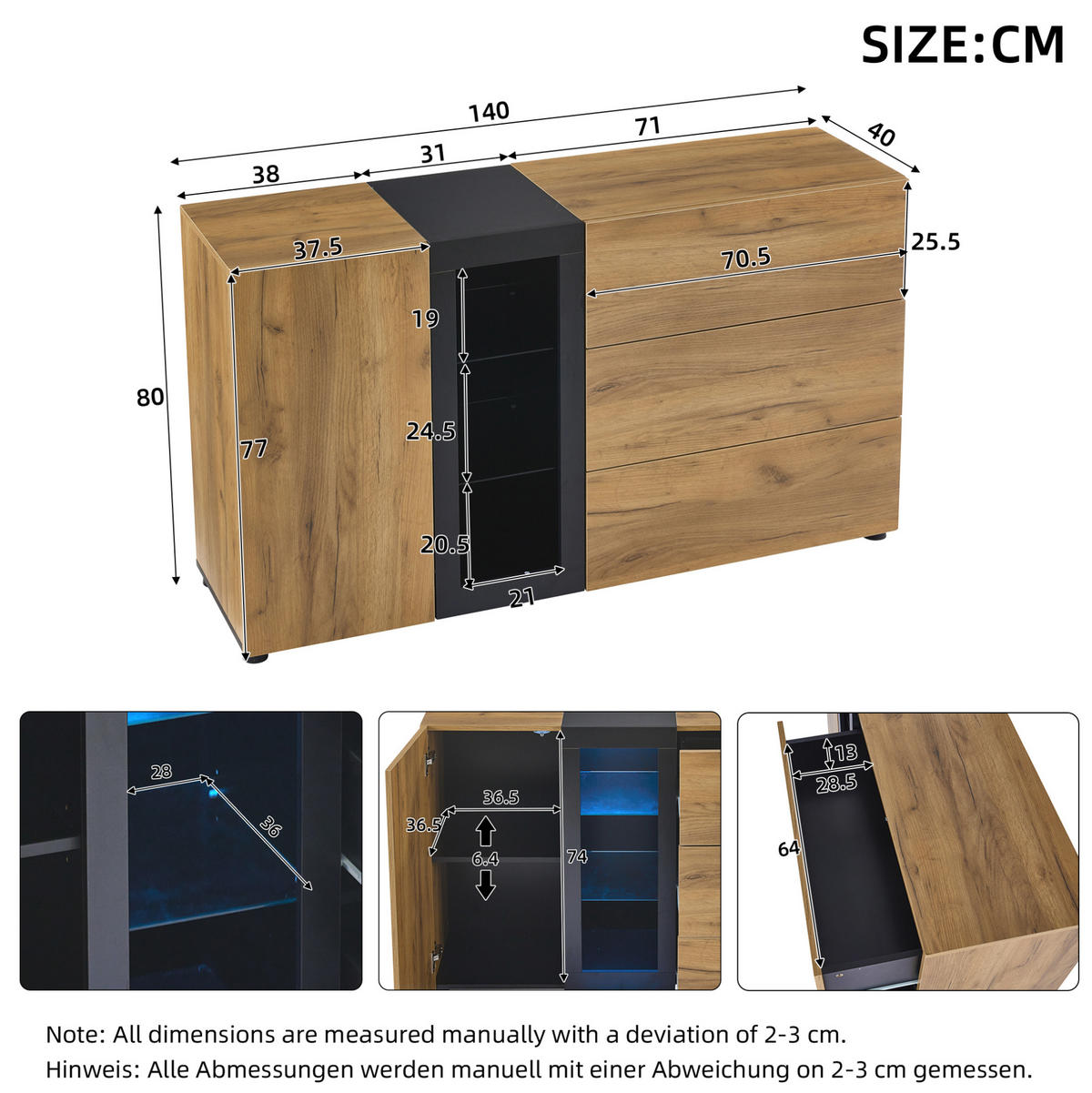 ANRICHTE 140/40/80 cm in Braun/Schwarz mit LED-Beleuchtung und 3 Schubladen - Braun, Holzwerkstoff (140/80/40cm) - Flora Grace