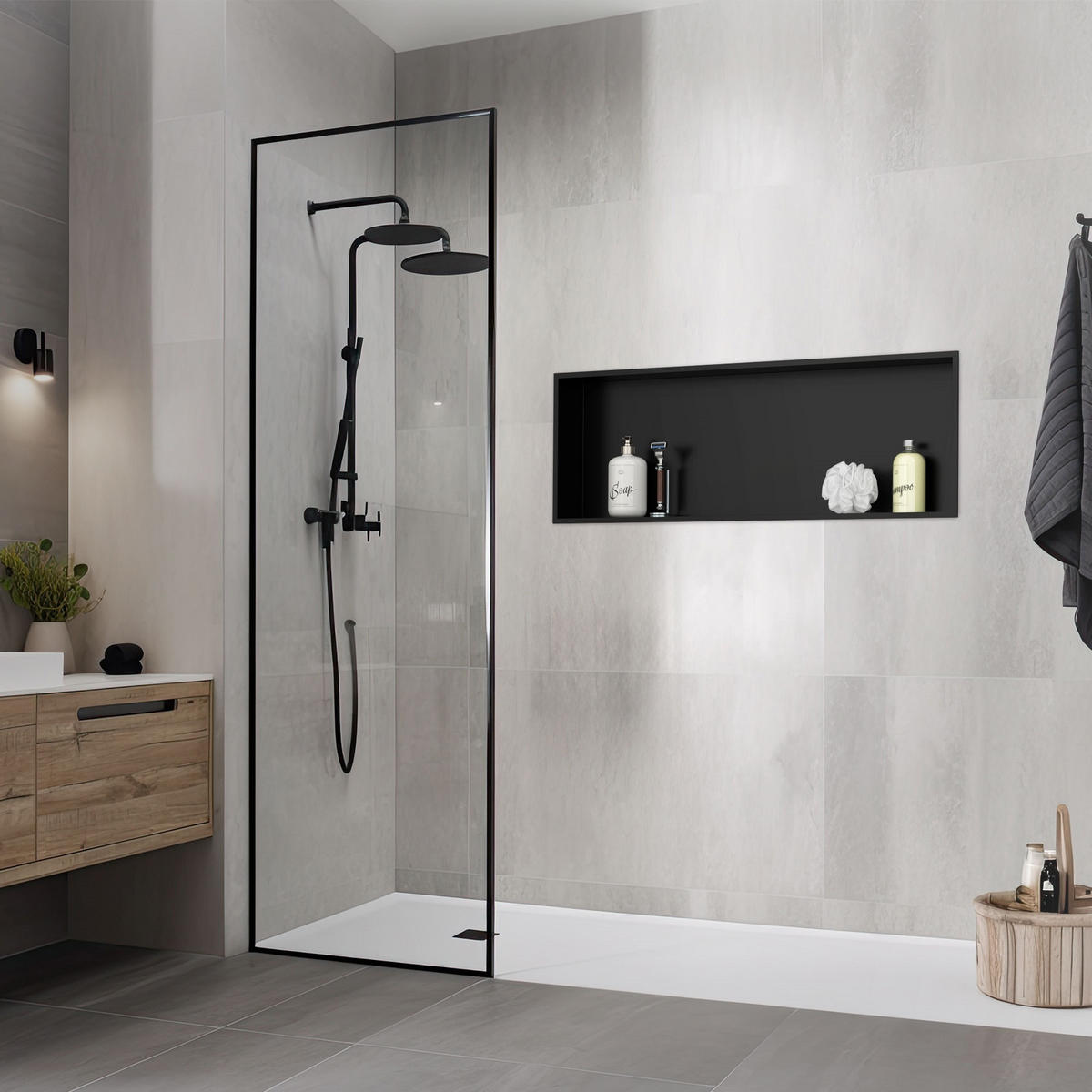 DUSCHNISCHE Schwarz 90/30 cm - Schwarz, Metall (32/10/92cm) - LuxeBath