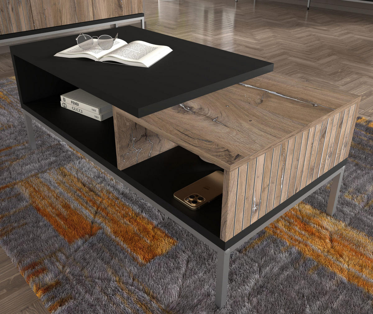 COUCHTISCH Flagstaff Eiche, Schwarz 110/45/55 - Schwarz, Holzwerkstoff (55/110/45cm) - RAUMHIRSCH FURNITURE