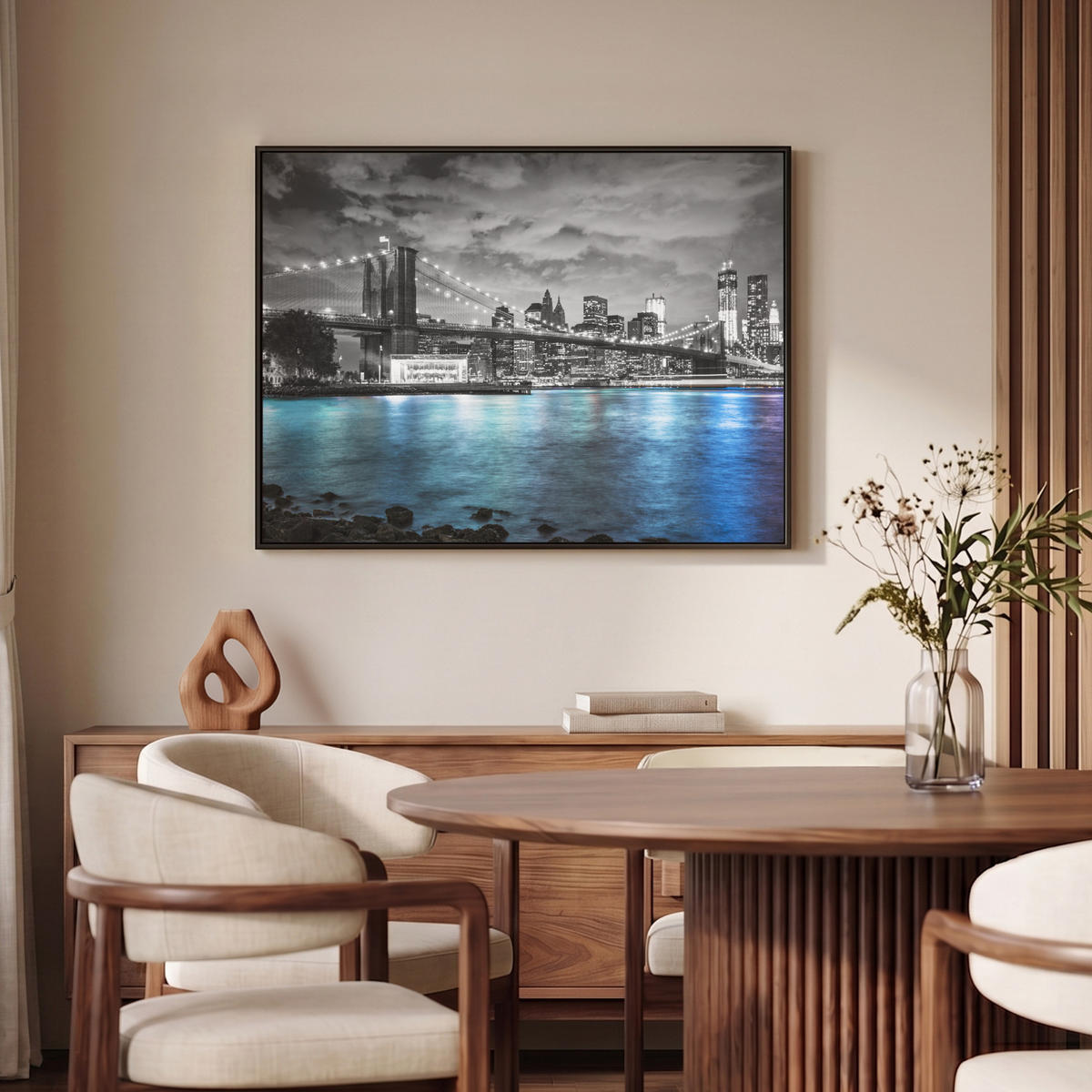 LEINWAND Bilder mit Rahmen - New York - Skyline - Stadt - Blau - 100x70 - Blaugrau, Textil (100/70cm) - MuchoWow