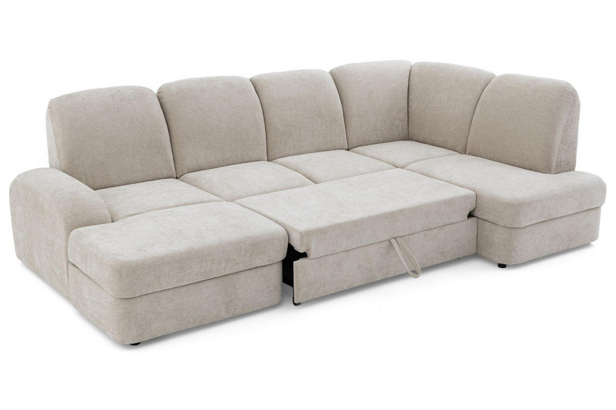 ECKSOFA VIBE U Rechts mit Schlaffunktion 129x263 Chenille Beige - Beige/Schwarz, Holz/Kunststoff (186/102/280cm) - Muffo