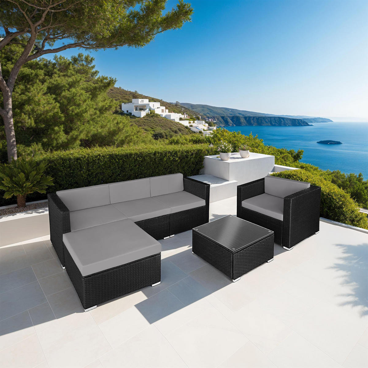 RATTANLOUNGE Milano,mit Sicherheitsglasplatte,schwarz/grau - Schwarz/Grau, Kunststoff - tectake