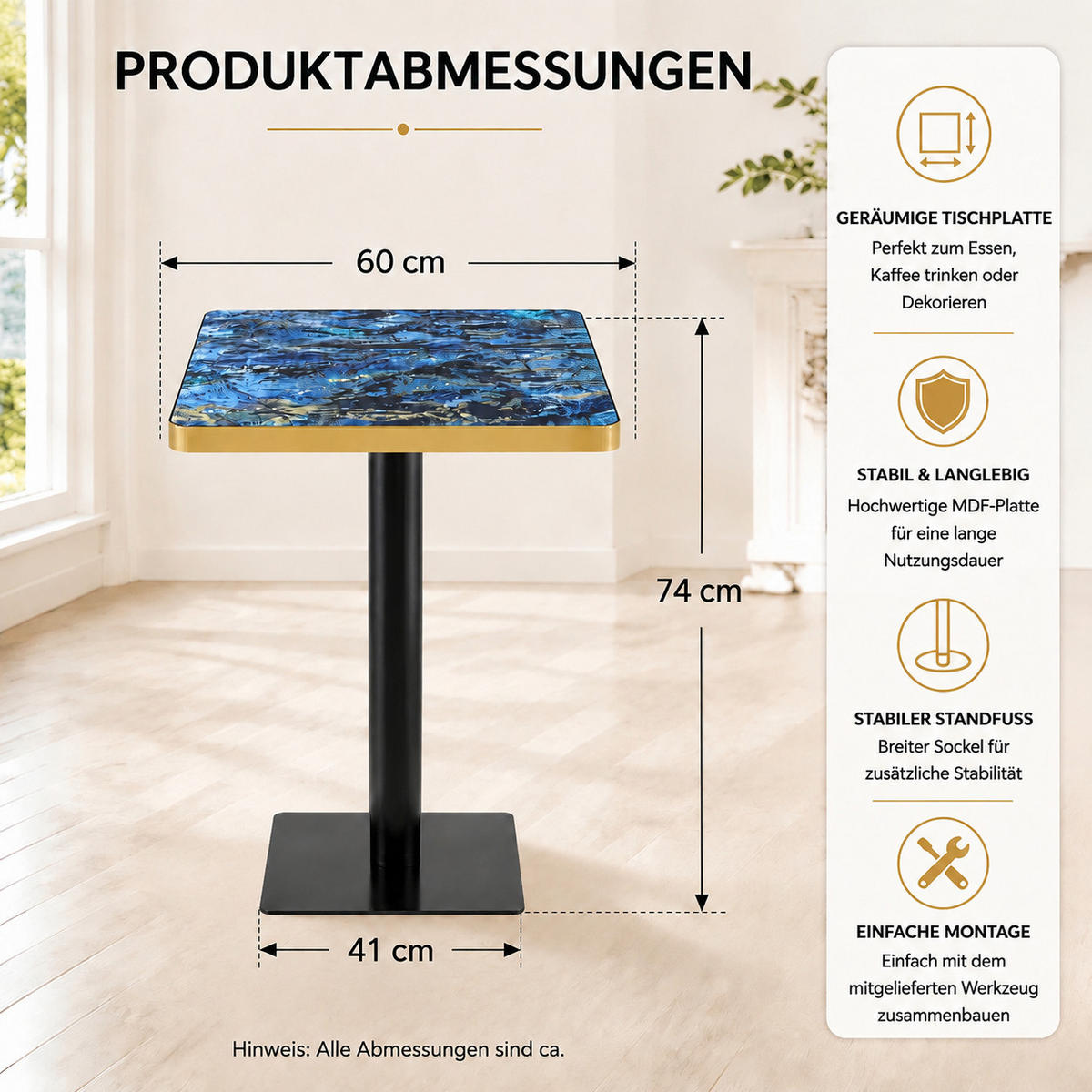 BARTISCH 60/60/74 cm mit Marmor-Optik DE-40031 Blau - Blau, Metall (60/60/74cm) - ComfortXL