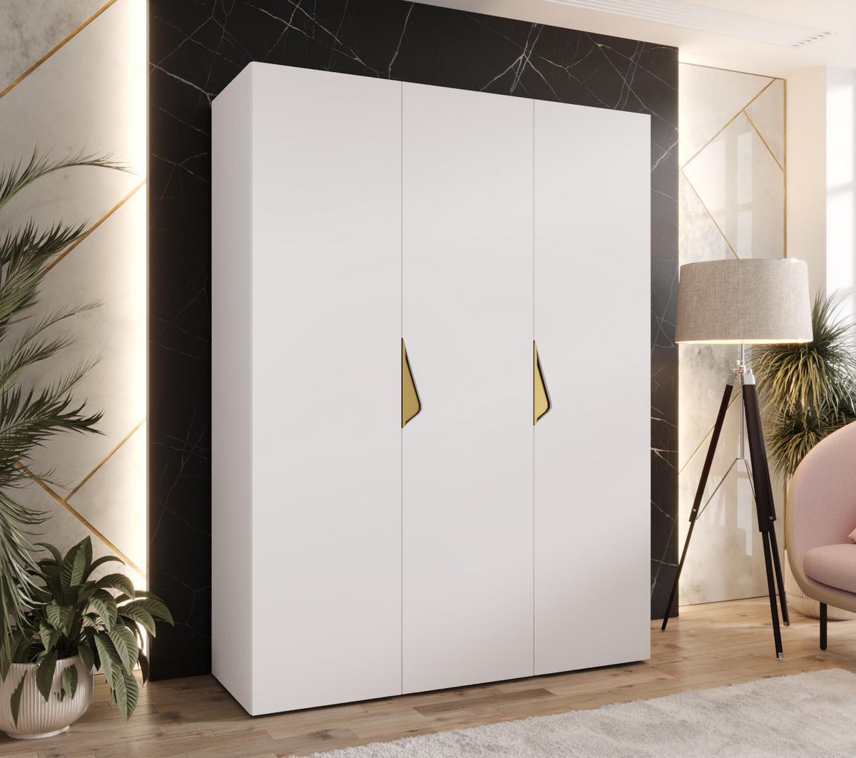 DREHTÜRENSCHRANK 202/150/52 3-türig - Goldfarben/Weiß, Holz/Metall (150/202/52cm) - Abiks Möbel