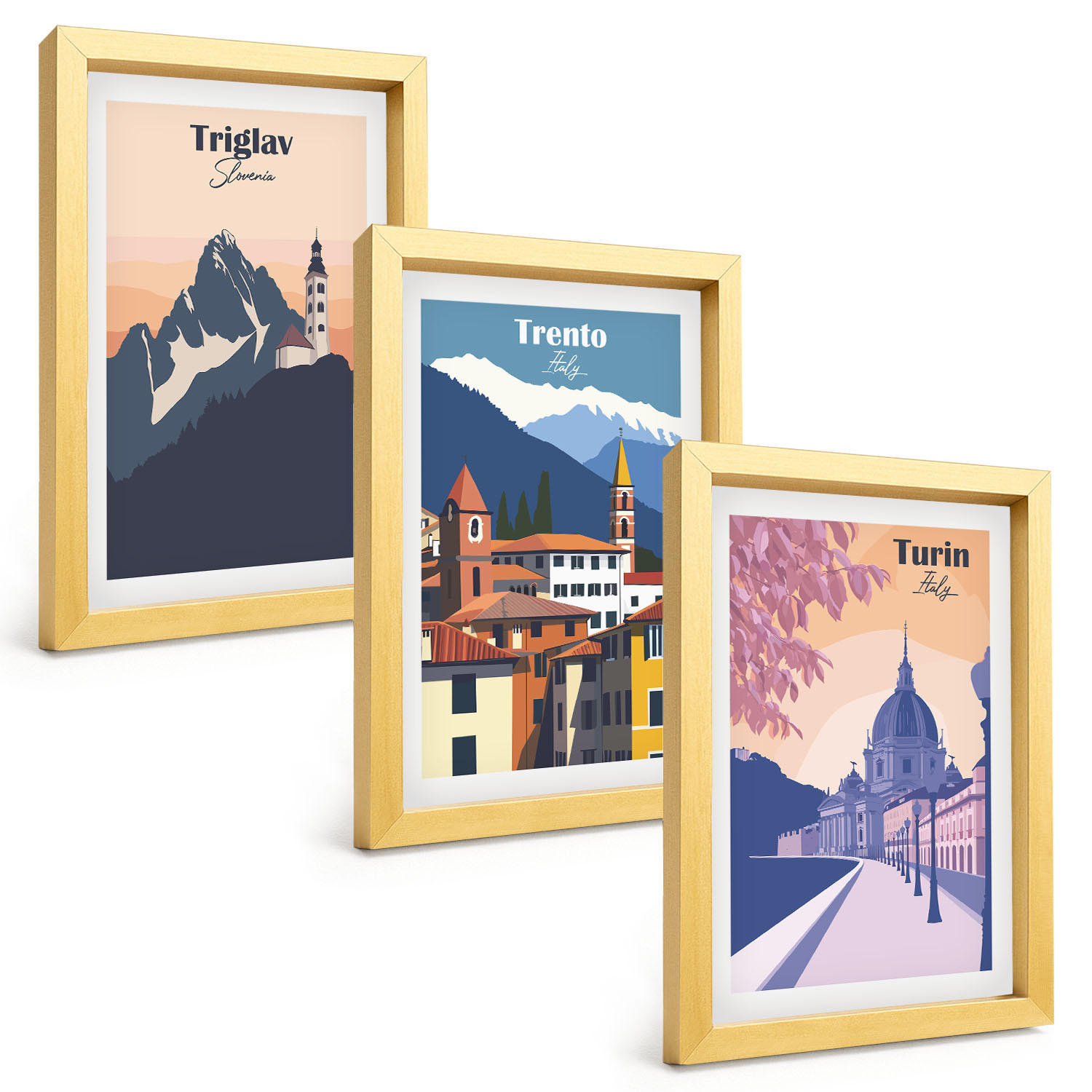 BILDER SET 3er Set - 20x30 cm Goldrahmen - Retro-Illustrationen zur Bergarchitektur - Goldfarben, Kunststoff (20/30cm) - TULUP