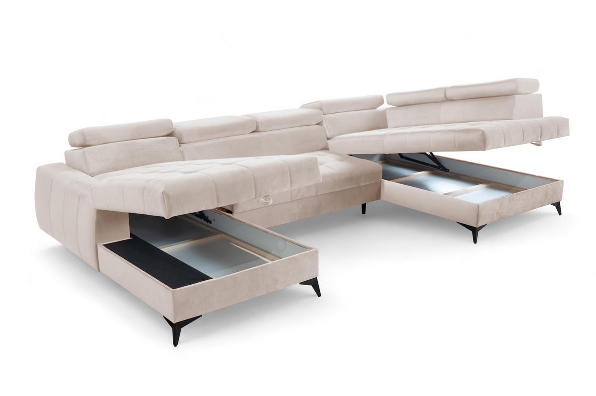 WOHNLANDSCHAFT Arkucio U Beige 345/200/95 cm – großes Sofa mit Schlaffunktion L - Beige/Schwarz, Textil/Metall (200/95/345cm) - AX Living
