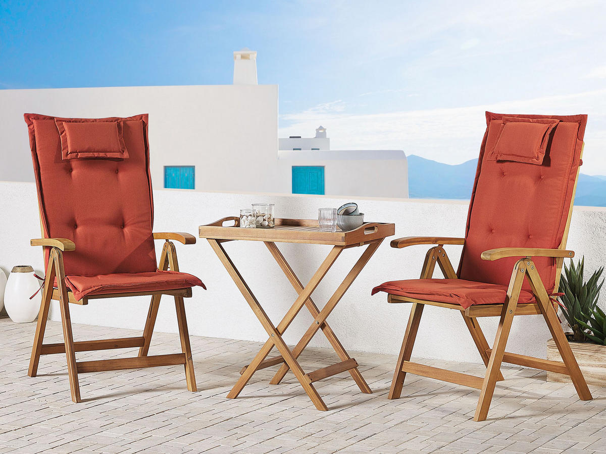 BALKONSET 2-Sitzer Akazienholz hellbraun verstellbar Auflagen terracotta Java - Hellbraun/Rot, Holz/Textil - Beliani