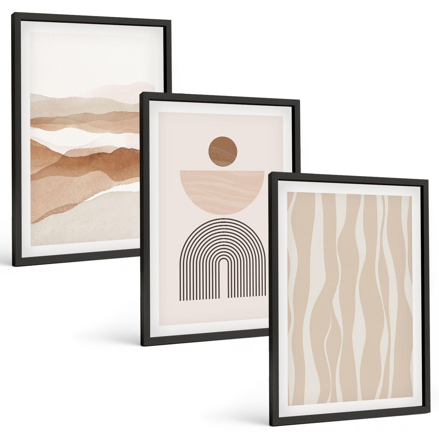 BILDER SET 3er Set - 40x60 cm Schwarzer Rahmen - Abstrakte Landschafts- und Naturgeometrie - Schwarz, Kunststoff (40/60cm) - TULUP