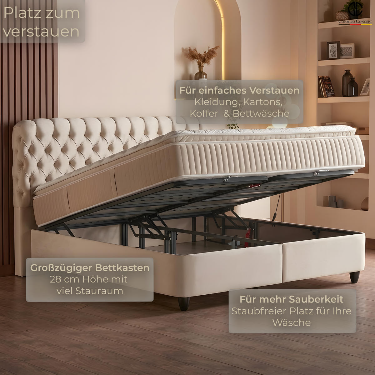 BOXSPRINGBETT MIT BETTKASTEN SIENA 140/200 cm, Beige, Bettkasten, Matratze, Topper integriert, H3 mittel, 7-Zonen Matratze - Beige/Schwarz, Holz/Kunststoff (140/200cm) - Consilio Concept