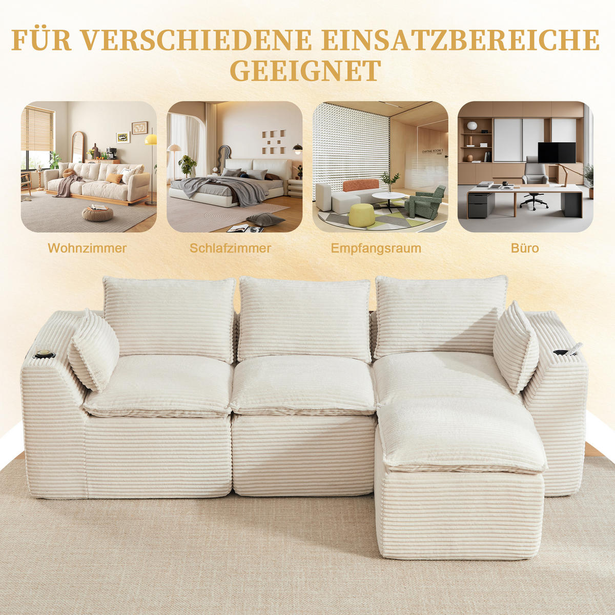 3-SITZER-SOFA aus Chenille, mit Fußhocker und Getränkehalter - Beige, Textil (256/75/161cm) - Urban Meuble