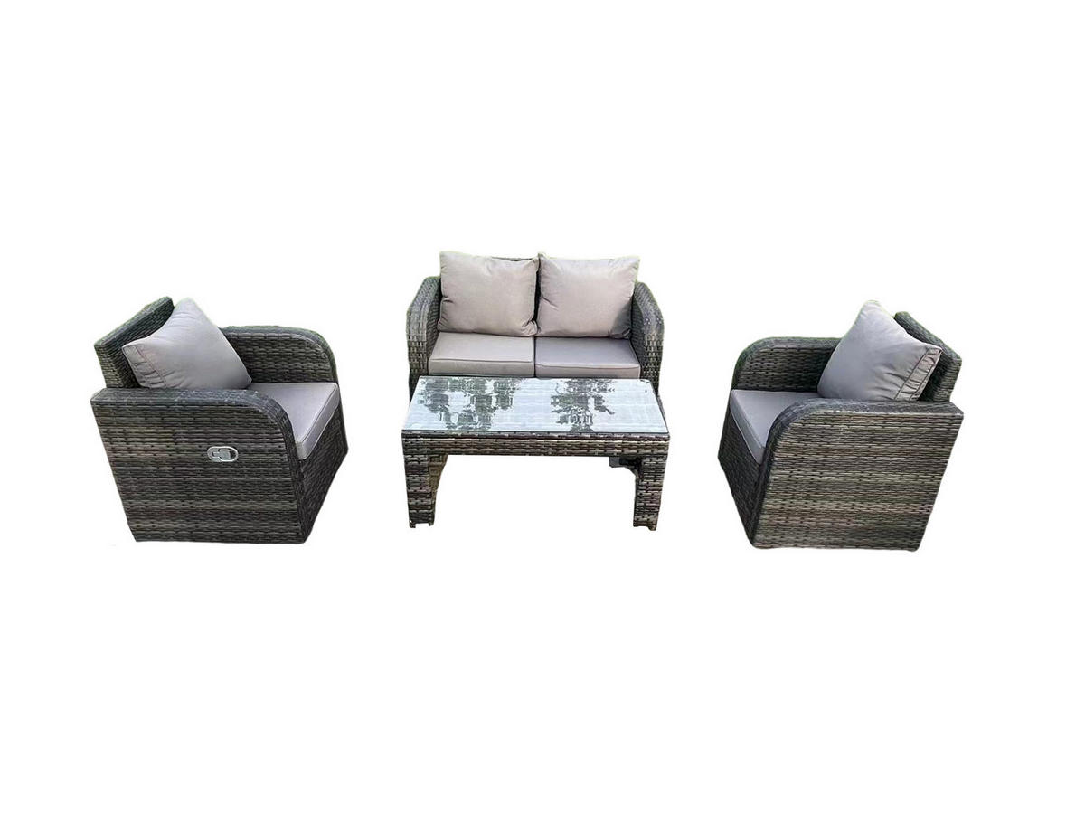 GARTENMÖBELSET mit Couchtisch Polyrattan 4-Sitzer - Dunkelgrau/Grau, Glas/Kunststoff - Fimous