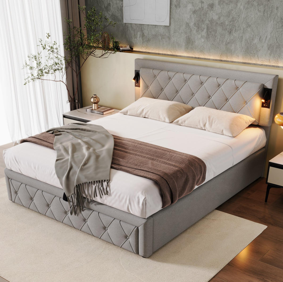 POLSTERBETT mit LED-Beleuchtung 160/200 cm mit Bettkasten und USB - Grau, Textil (160/200cm) - BEAOK