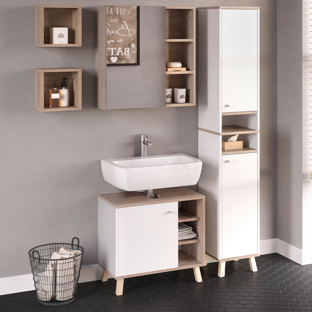 BADMÖBEL-SET Senyo Weiß 4 Teile, mit Hochschrank - Weiß/Sonoma Eiche, Holzwerkstoff (62/54/32cm) - Vicco