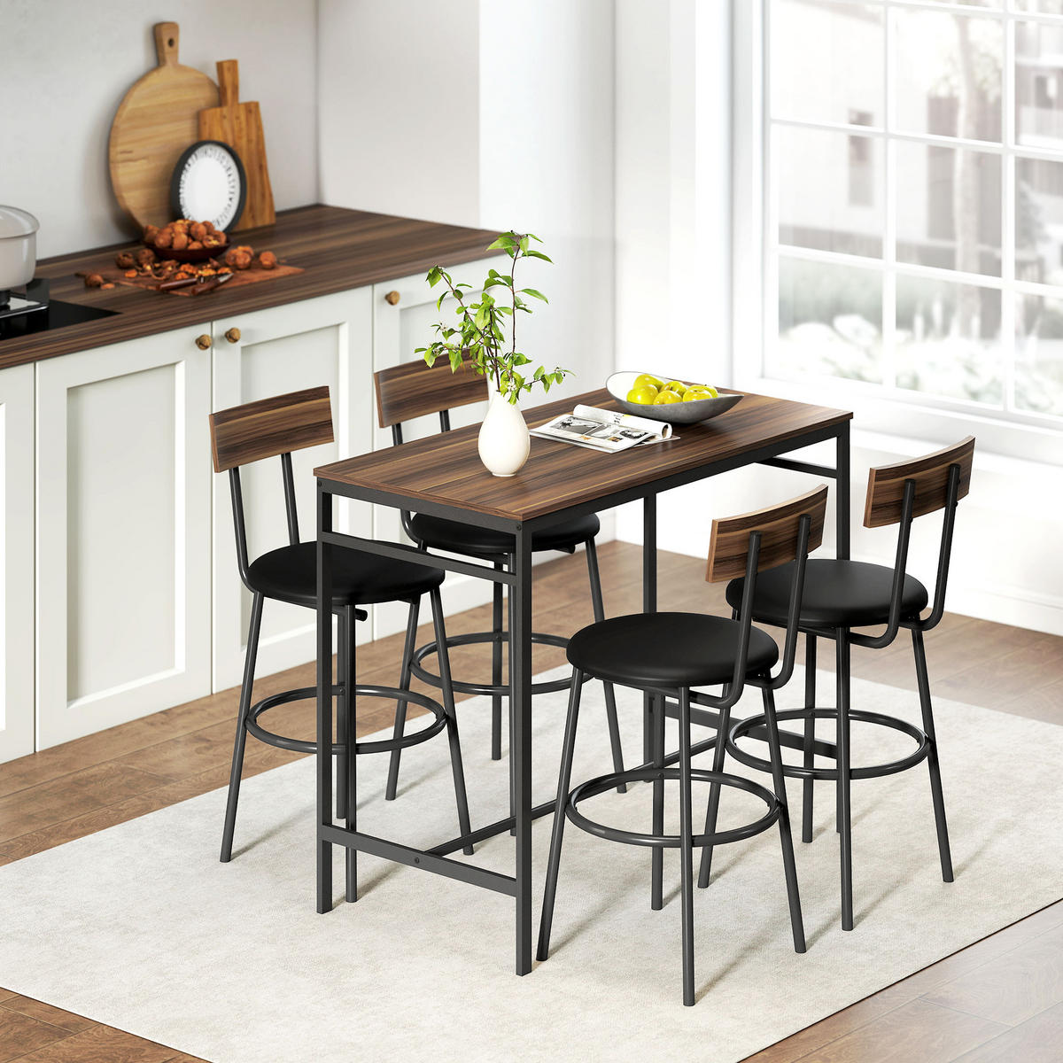 BARTISCH mit Barhocker-Set Esstisch mit 4 Stühlen mit Fußstütze Rückenlehne - Braun, Metall (55/90/110cm) - HOMCOM