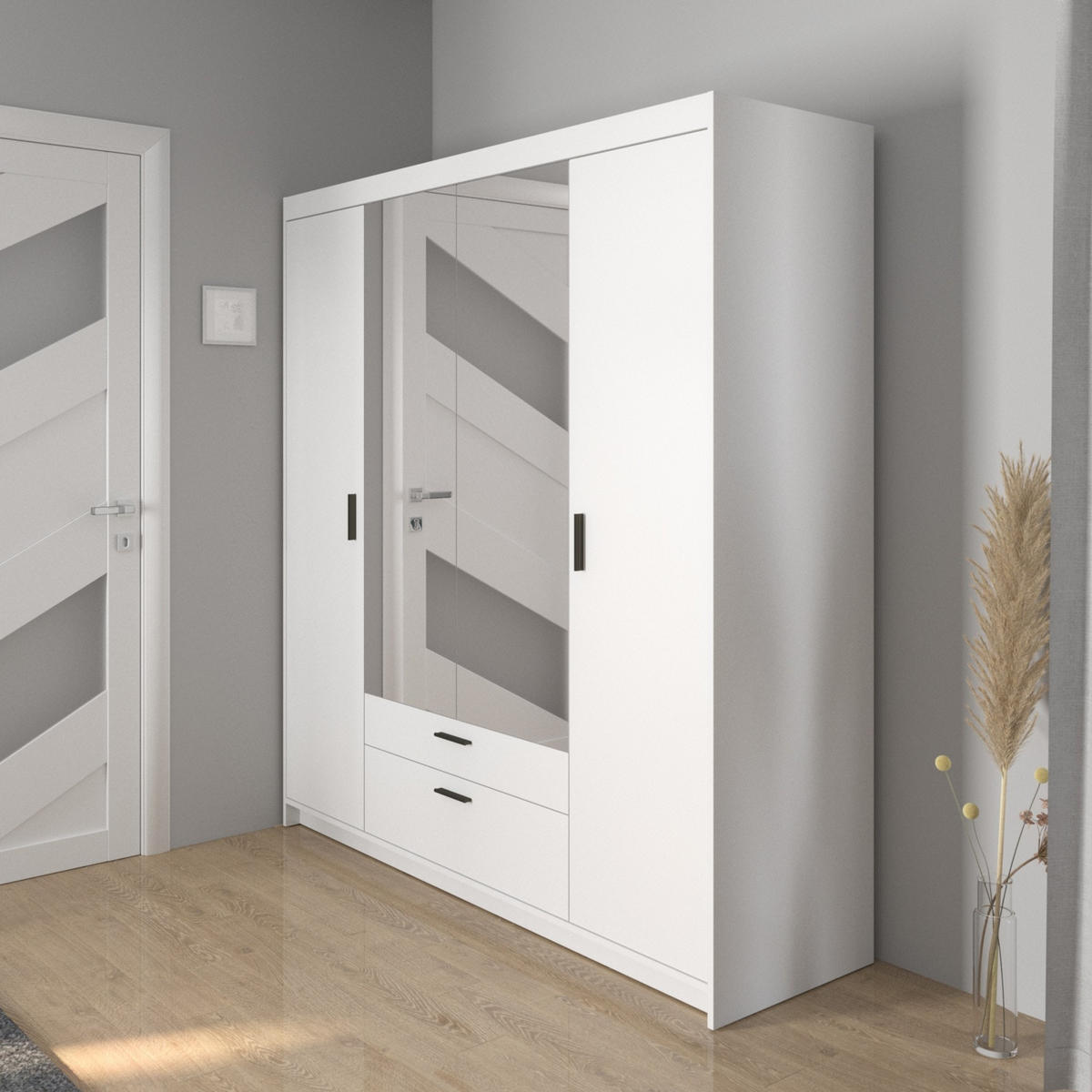 DREHTÜRENSCHRANK ELENORA 176,3/190,5/53cm 4-türig mit Spiegel Weiß - Weiß, Holzwerkstoff (176.3/190.5/53cm) - MASSENO