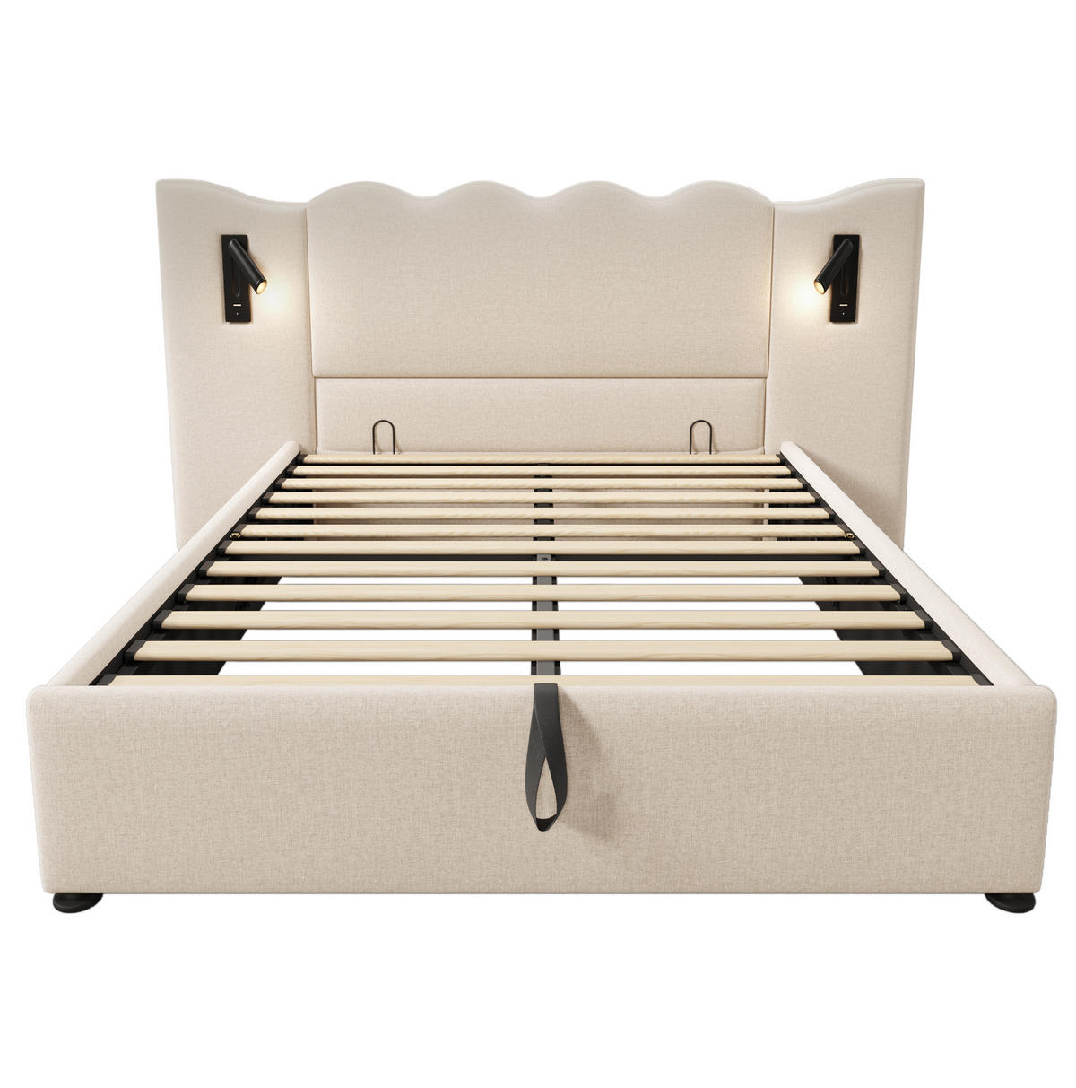 POLSTERBETT aus Leinen 160x200 cm Beige mit Stauraum, Leselampe, USB- und USB-C-Anschlüssen - Beige, Textil (160/200cm) - IVMEU
