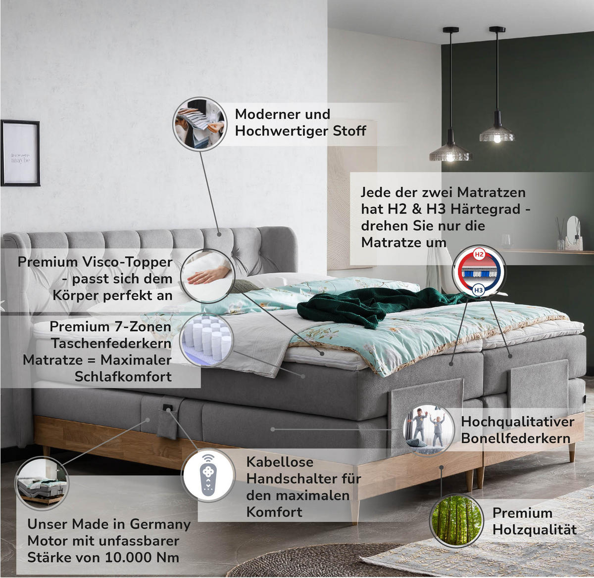 BOXSPRINGBETT ELEKTRISCH VERSTELLBAR EON 180x200 Hellgrau H2 und H3 Bett mit Motor 7-Zonen TFK Matratze inkl. Visco Topper Motorbett mit Eiche - Hellgrau, Textil (180/200cm) - Belanoti