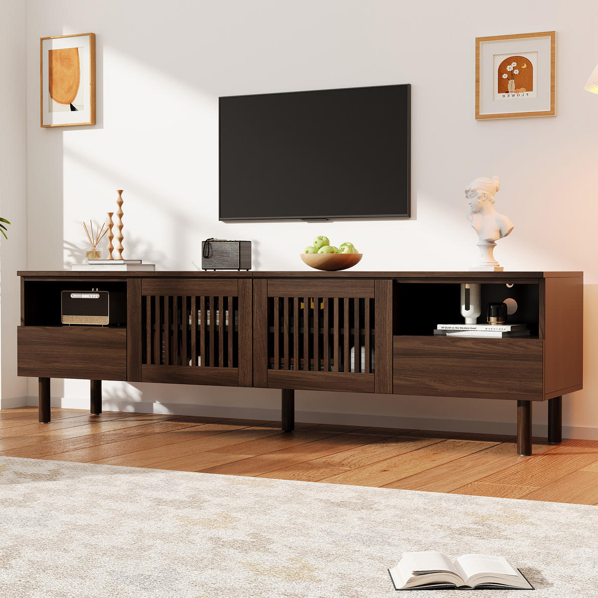 TV komoda 180/40/51 cm s rešetkastim vratima i ladicama u izgledu orahova drva - boje oraha/prirodne boje, drvni materijal (180/51/40cm) - CHICFURN