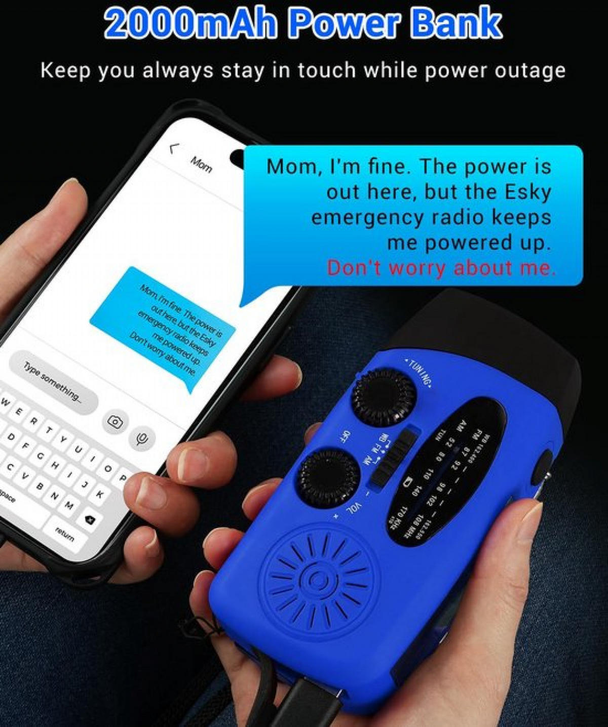 RADIO – NOAA AM/FM – Handkurbel-Generator / LED-Taschenlampe / 2000-mAh-Powerbank – Blau - Blau, Kunststoff (12.8/4/6.5cm)