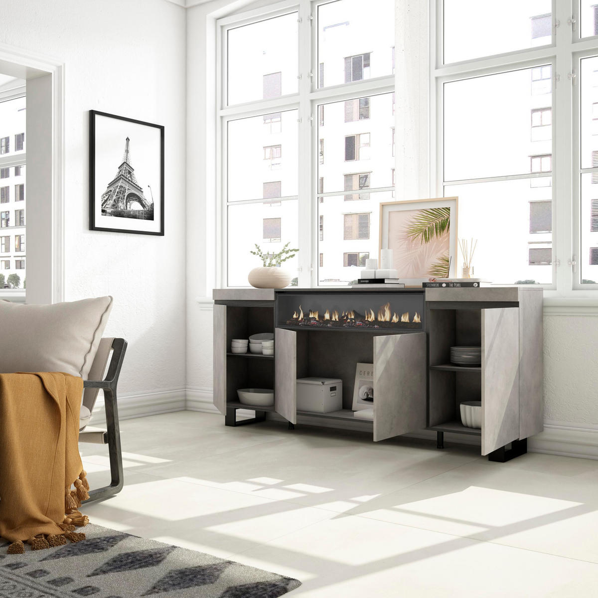 SIDEBOARD Elektrokamin, zementgrau, 200/35/87cm - Grau, Holzwerkstoff (200/87/35cm) - Skraut Home