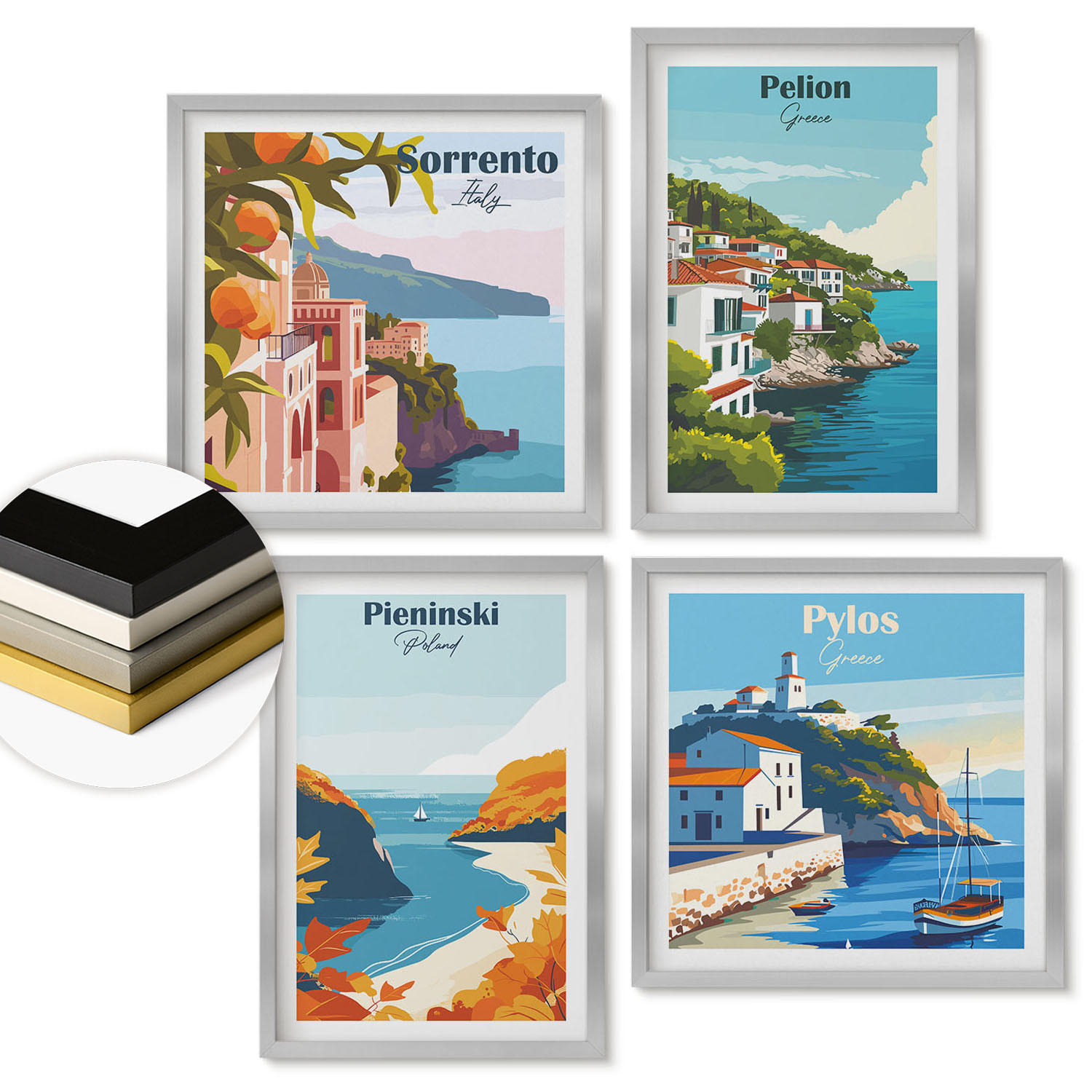 WANDBILDER 4er Set - 50x50 cm & 40x60 cm Silberner Rahmen - Retro-Landschaften im malerischen Stil - Silberfarben, Kunststoff (50/50cm) - ArtPrintCave