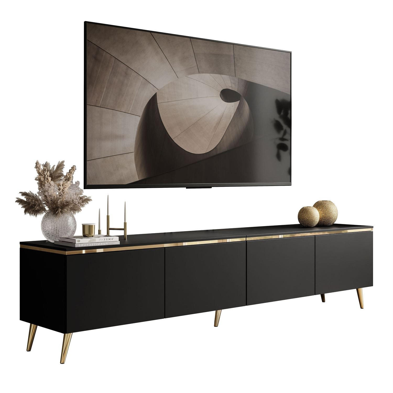 TV-SCHRANK CELINE 200 cm schwarz matt auf schräge goldenen Füßen - Schwarz, Holzwerkstoff (200/49/40cm) - Lookway