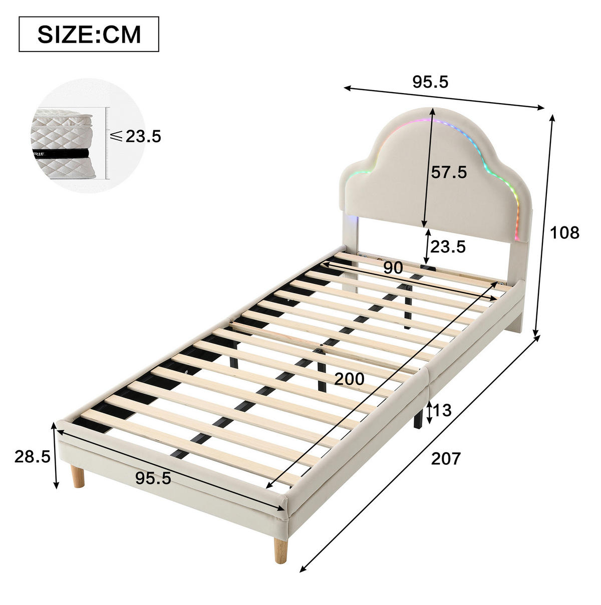 POLSTERBETT mit LED-Beleuchtung 90/200 cm in Beige mit wolkenförmigem Kopfteil - Beige, Textil (90/200cm) - BEAOK