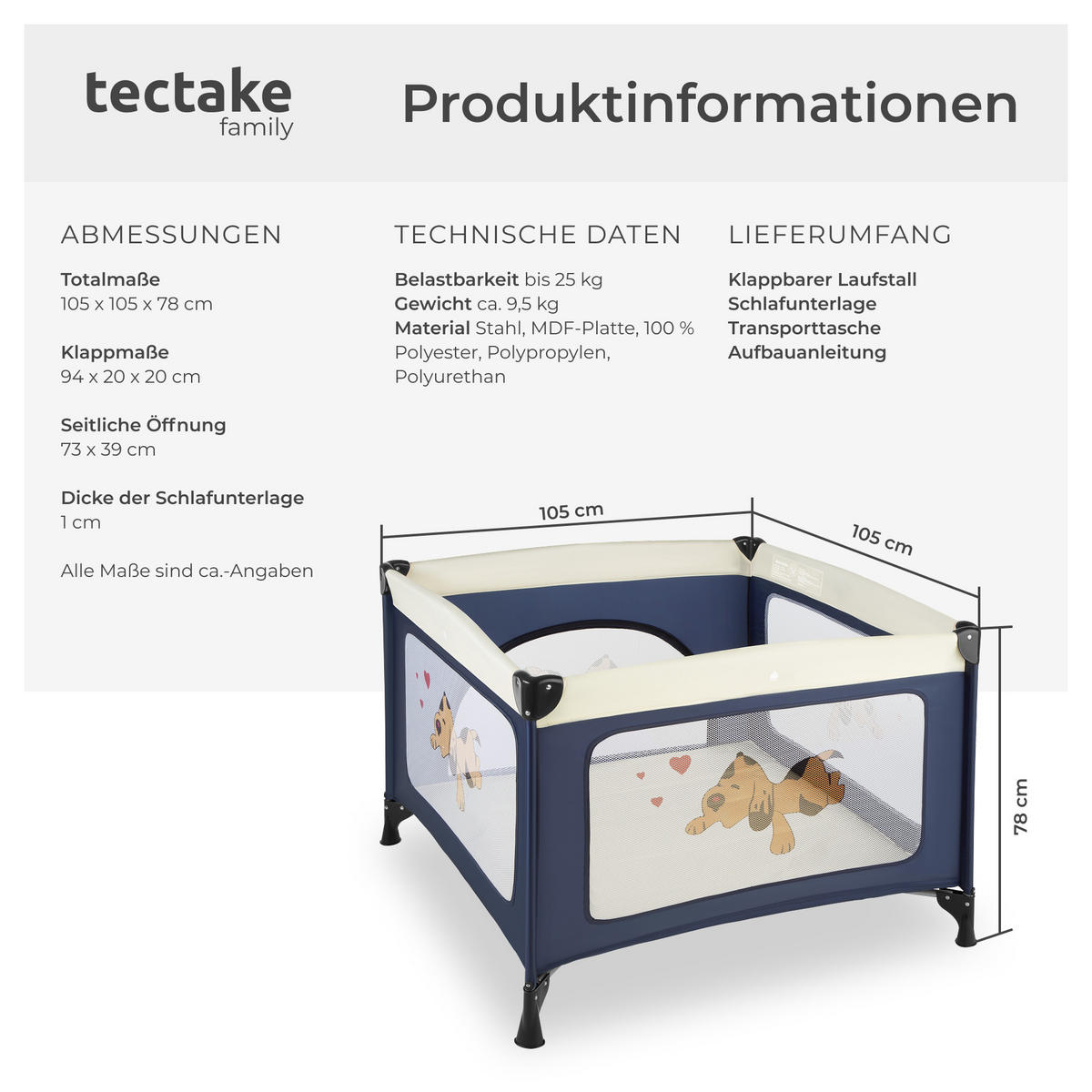LAUFSTALL für Baby Tommy Junior,105 x 105 x 78 cm,blau - Blau, Textil (105/75/105cm) - tectake