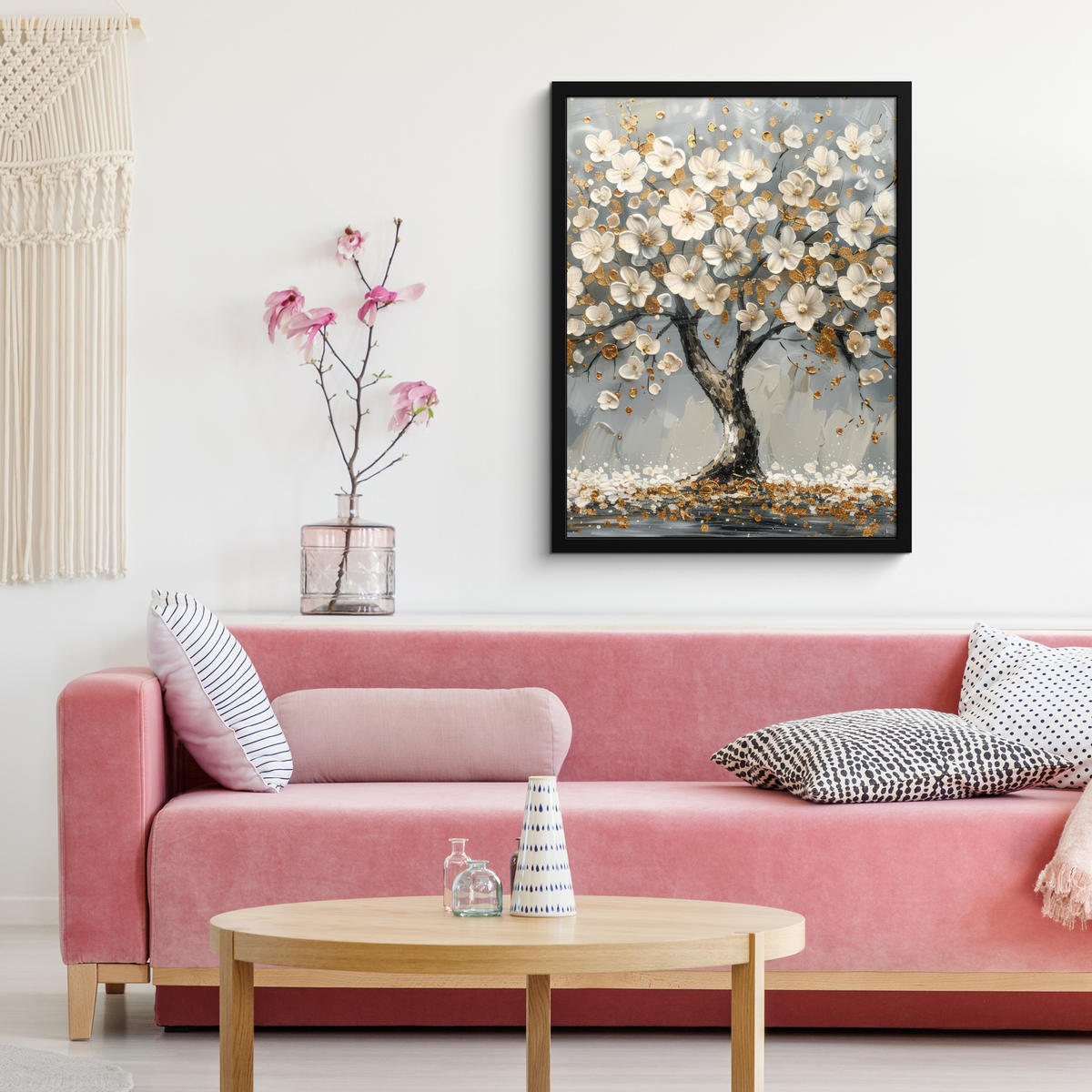 GERAHMTES BILD Baum - Blumen - Weiß - Natur - Kunst 60x80 cm - Weiß, Papier (60/80cm) - MuchoWow