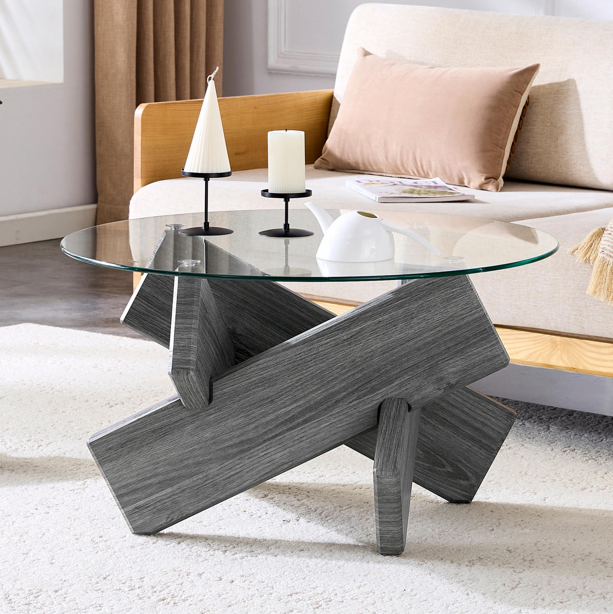 COUCHTISCH, MDF & Glas mit kreativer Kreuz-Stütze, graue Textur, 79/79/45 cm,grau - Grau, Holzwerkstoff (79/79/45cm) - Redom