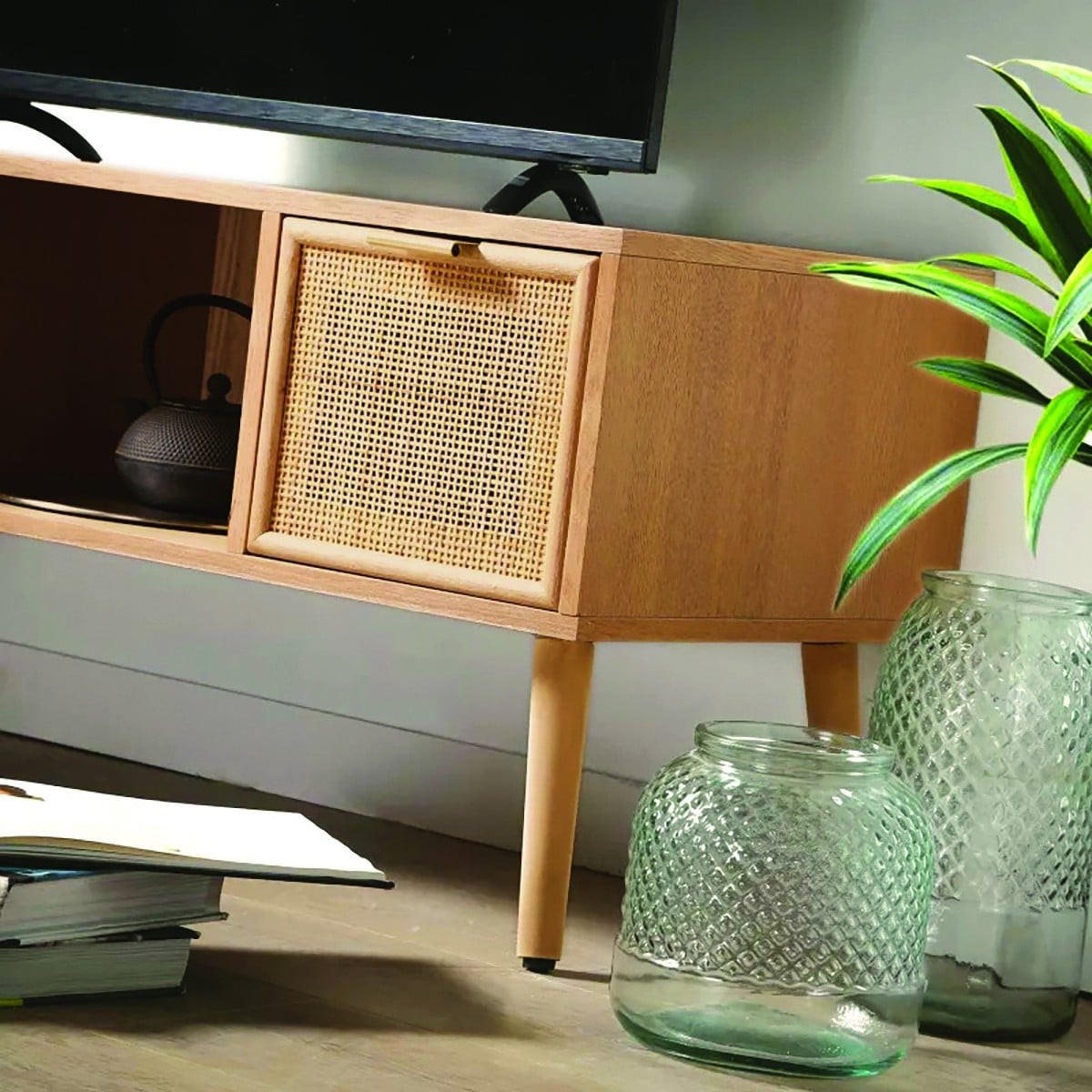 TV-MÖBEL mit 2 Schubladen Vorderseite aus Rattan - L100 cm - Apfelbaumfarben, Holzwerkstoff (42/45/100cm) - Calicosy