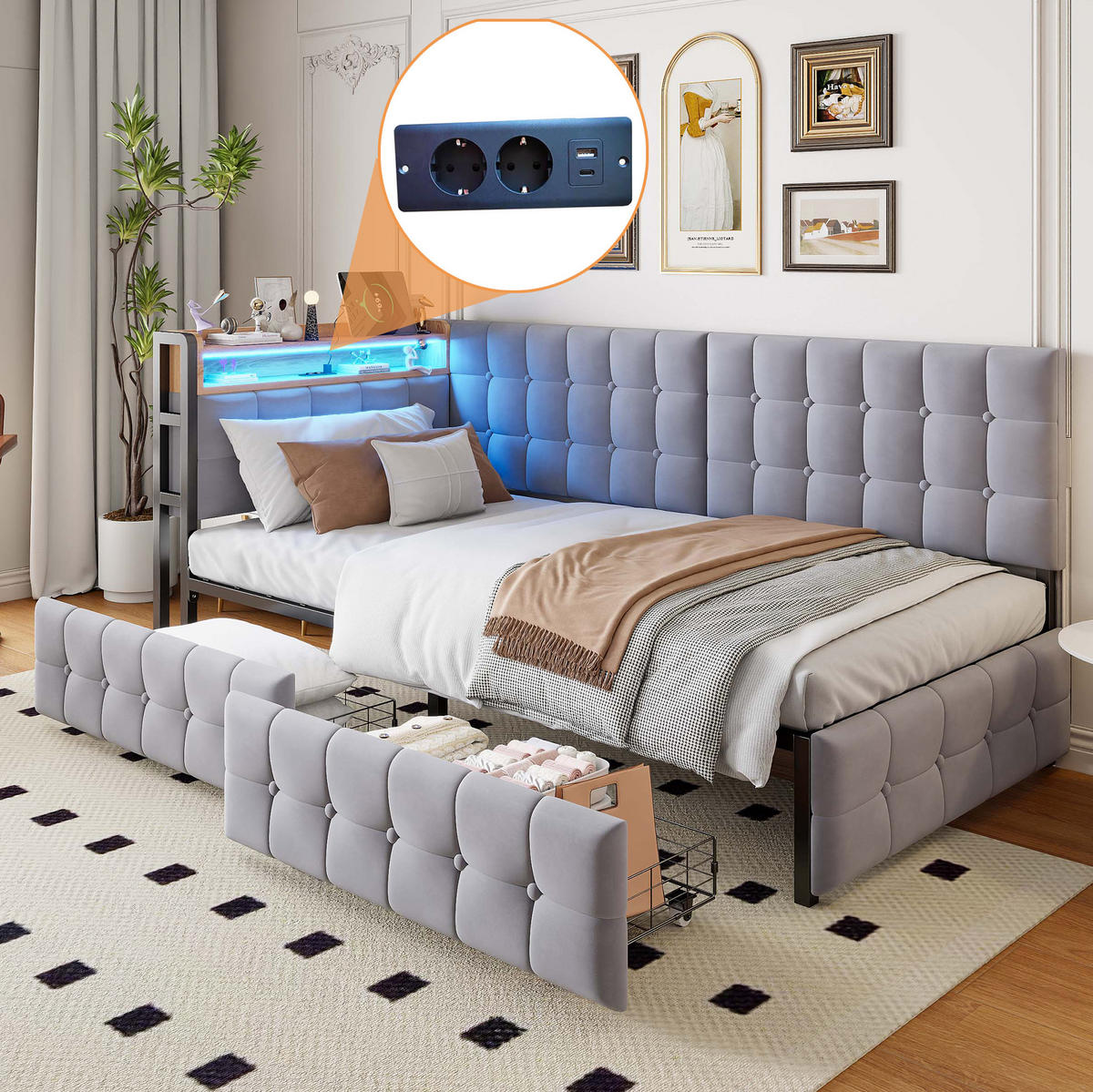 POLSTERBETT mit LED-Beleuchtung 90/200 cm mit 2 Schubladen und gepolstertem Kopfteil - Grau, Textil (90/200cm) - BEAOK