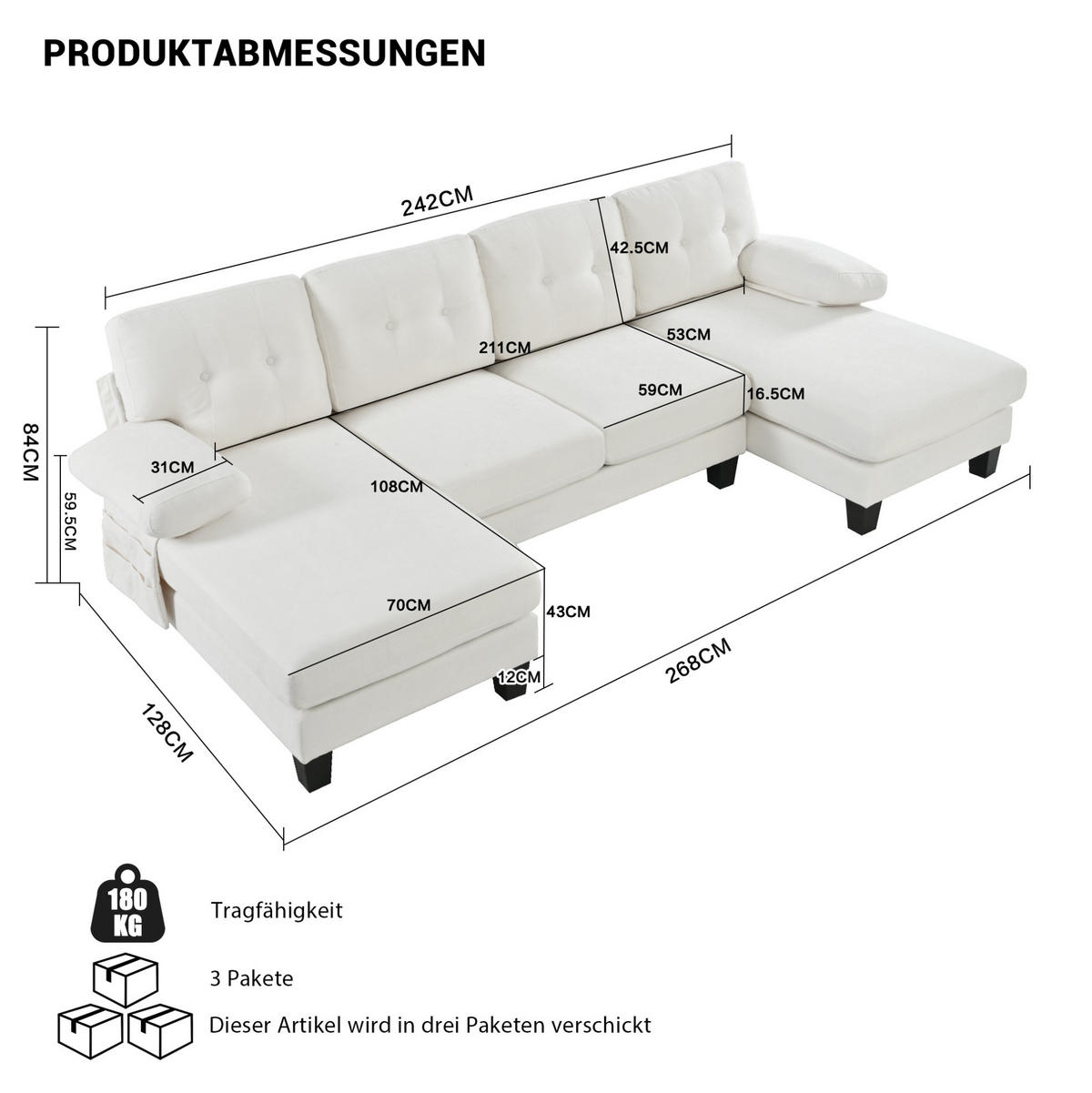 WOHNLANDSCHAFT aus Chenille 268x128x84 cm in Beige mit Doppel-Chaiselongue - Beige, Textil (128/84/268cm) - Modfu
