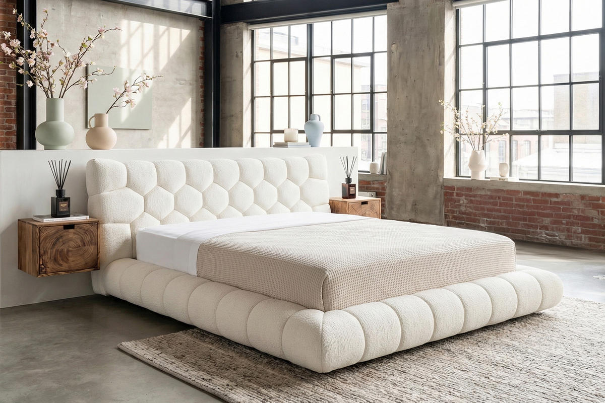 POLSTERBETT ATTICO Cremeweiß Bouclé - Creme, Textil (180/200cm) - KAWOLA