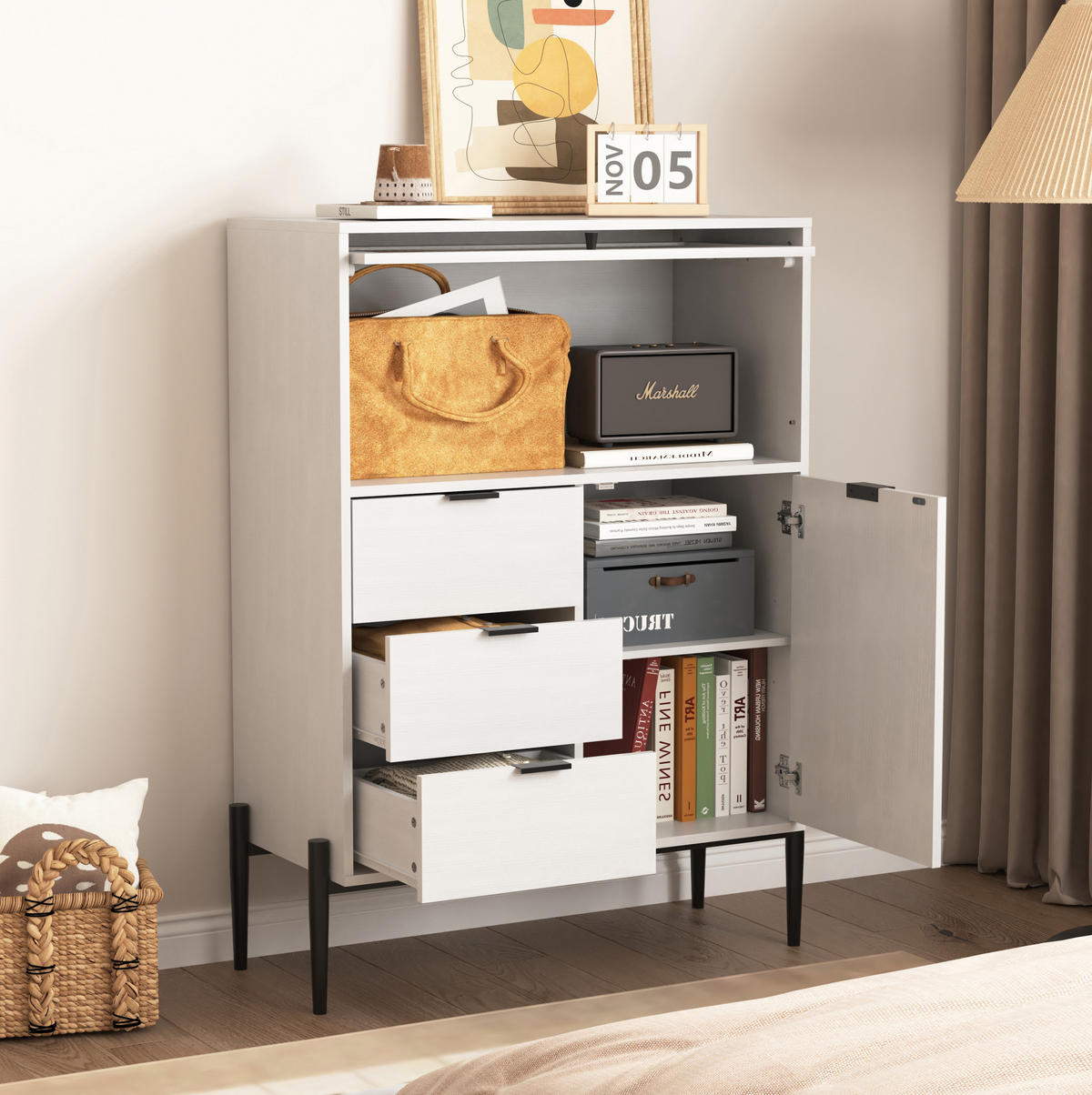 SIDEBOARD 85/40/120 cm in Weiß mit 3 Schubladen und Glastür - Weiß, Holzwerkstoff (85/120/40cm) - BEAOK