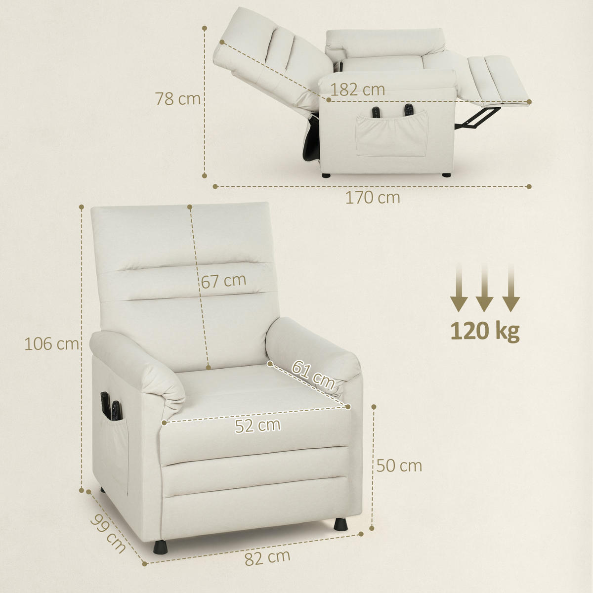 MASSAGESESSEL Creme mit Massagefunktion, Liegefunktion und USB-Anschluss 99/82/106 cm - Creme, Textil (99/106/82cm) - PANGIVO