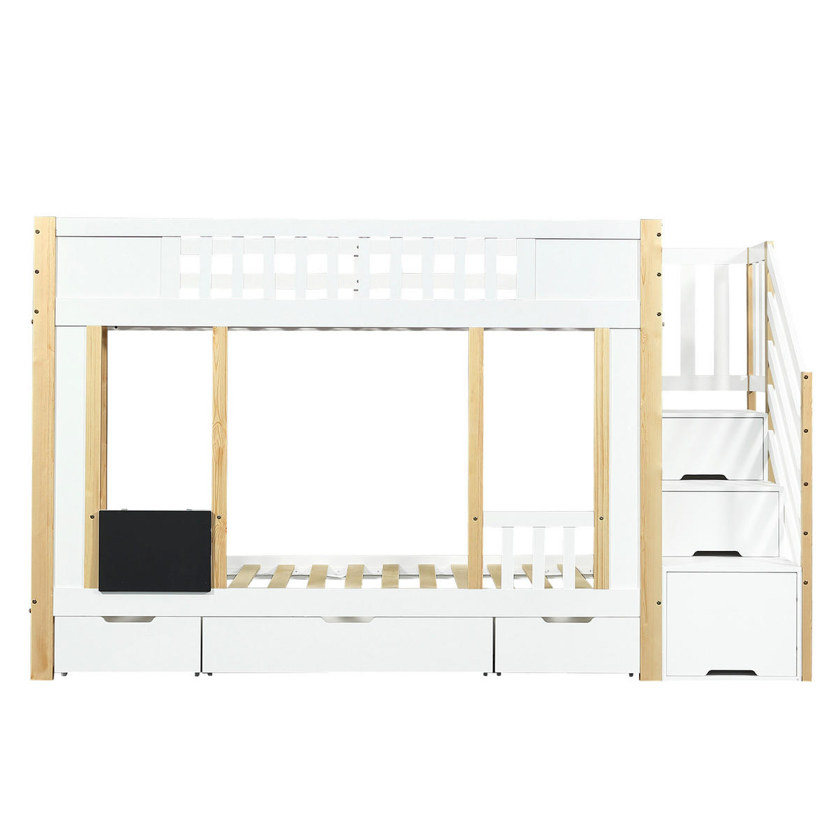 ETAGENBETT aus Kiefer und MDF 90x200 cm Weiß/Natur mit Stauraumtreppe, 3 Schubladen und Kritzeltafel - Weiß, Holzwerkstoff (90/200cm) - Modfu