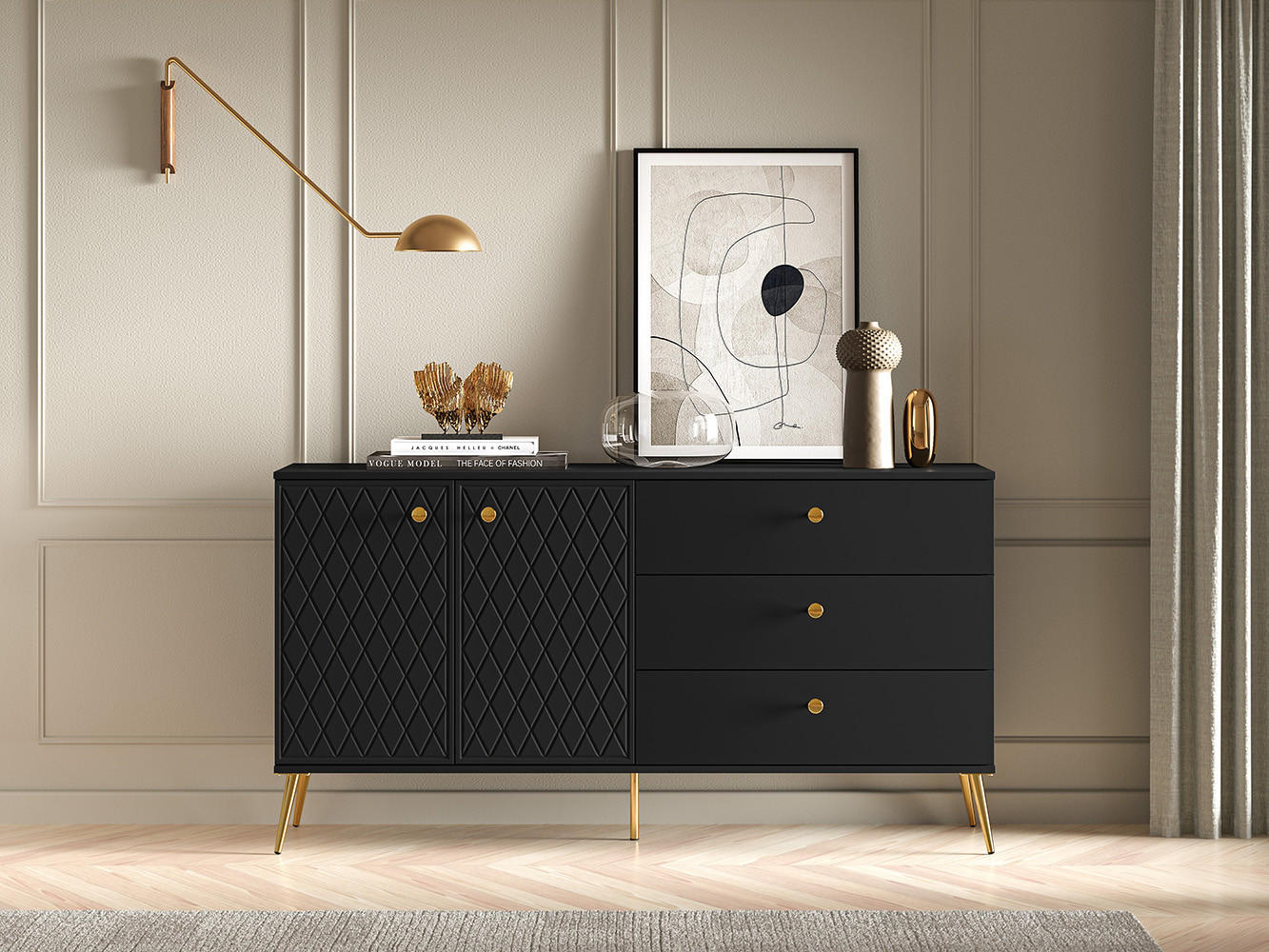 SIDEBOARD Eljot Schwarz / Gold 160 / 40 / 85cm - Goldfarben/Schwarz, Holz/Holzwerkstoff (160/85/40cm) - Feldmann-Wohnen