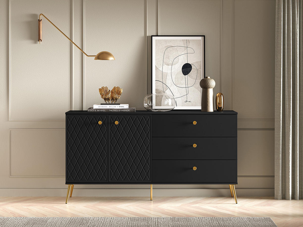 SIDEBOARD Eljot Schwarz / Gold 160 / 40 / 85cm - Goldfarben/Schwarz, Holz/Holzwerkstoff (160/85/40cm) - Feldmann-Wohnen