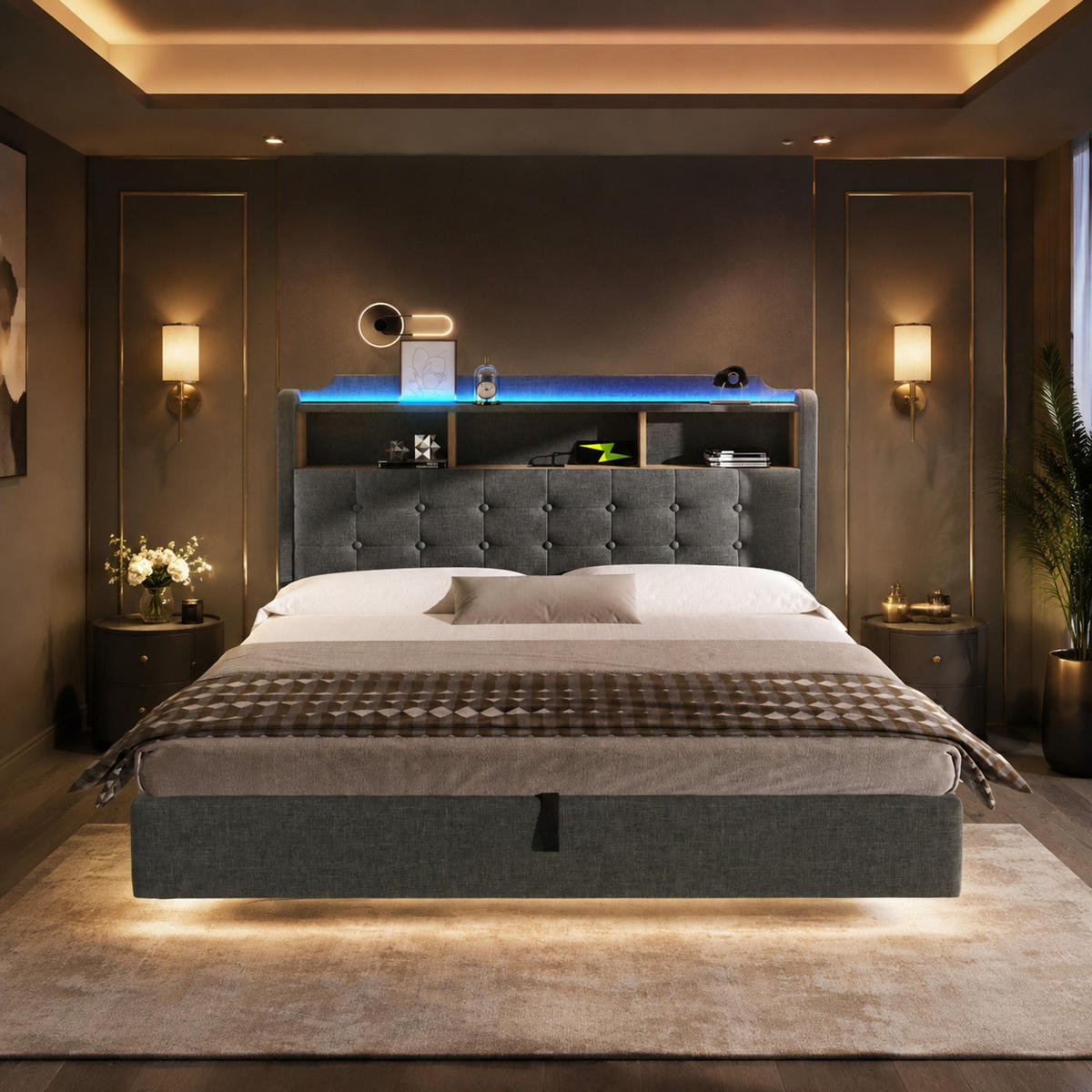 POLSTERBETT 180/200 cm aus Leinen und MDF mit LED-Lichtleiste, Grau - Grau, Textil (180/200cm) - OKMYHOME