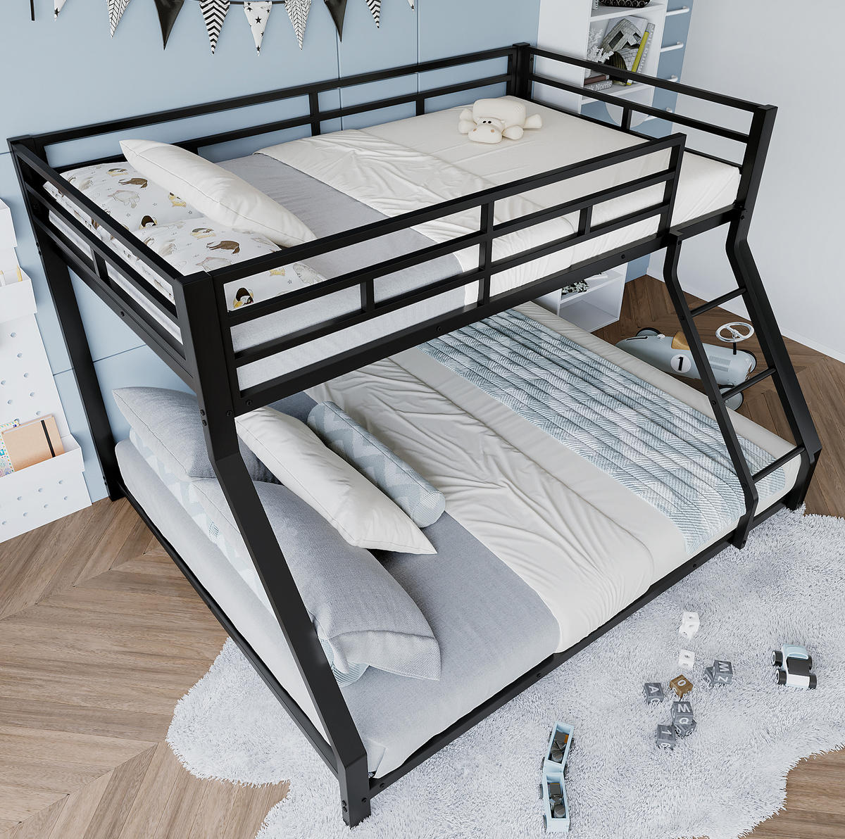 ETAGENBETT 90/200 cm und 140/200 cm mit Treppe, Geländer, Metall, Schwarz ohne Matratze - Schwarz, Metall (140/200cm) - MIVRAY