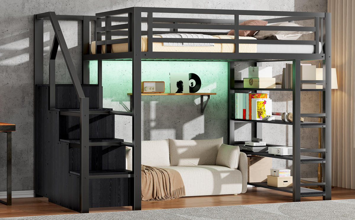 HOCHBETT 140x200 cm mit vierstufigem Regal, Kleiderschrank und Stauraumtreppe, LED-Beleuchtung, schwarz - Schwarz, Holzwerkstoff (140/200cm)