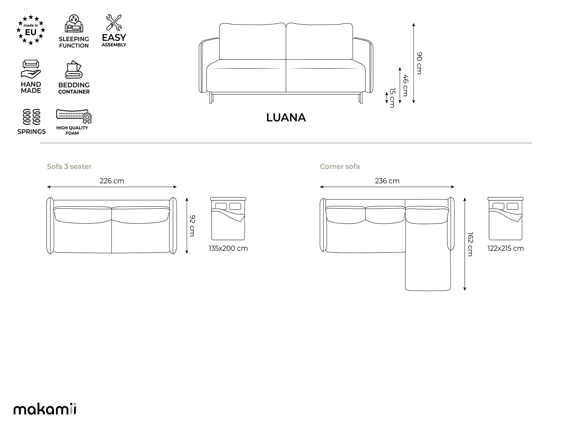 Thumbnail - Makamii 3-Sitzer, Petrol, Textil, Füllung: Schaumstoff, 226x90x92 cm, Made in EU, Wohnzimmer, Sofas & Couches, Schlafsof...