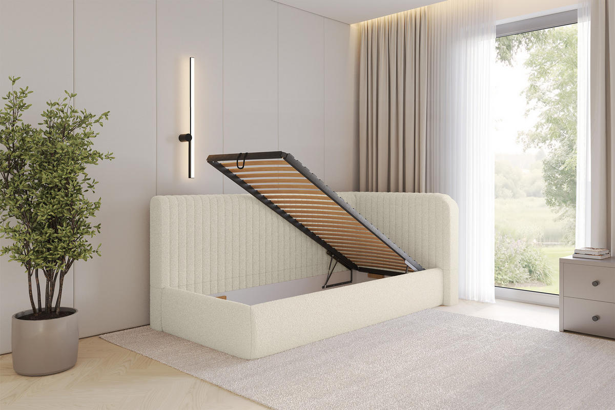 EINZELLBETT Jugendbett mit Bettkasten, Links - AURY 100x200 Beige - Champagner, Holzwerkstoff/Textil (100/200cm) - ALTDECOR