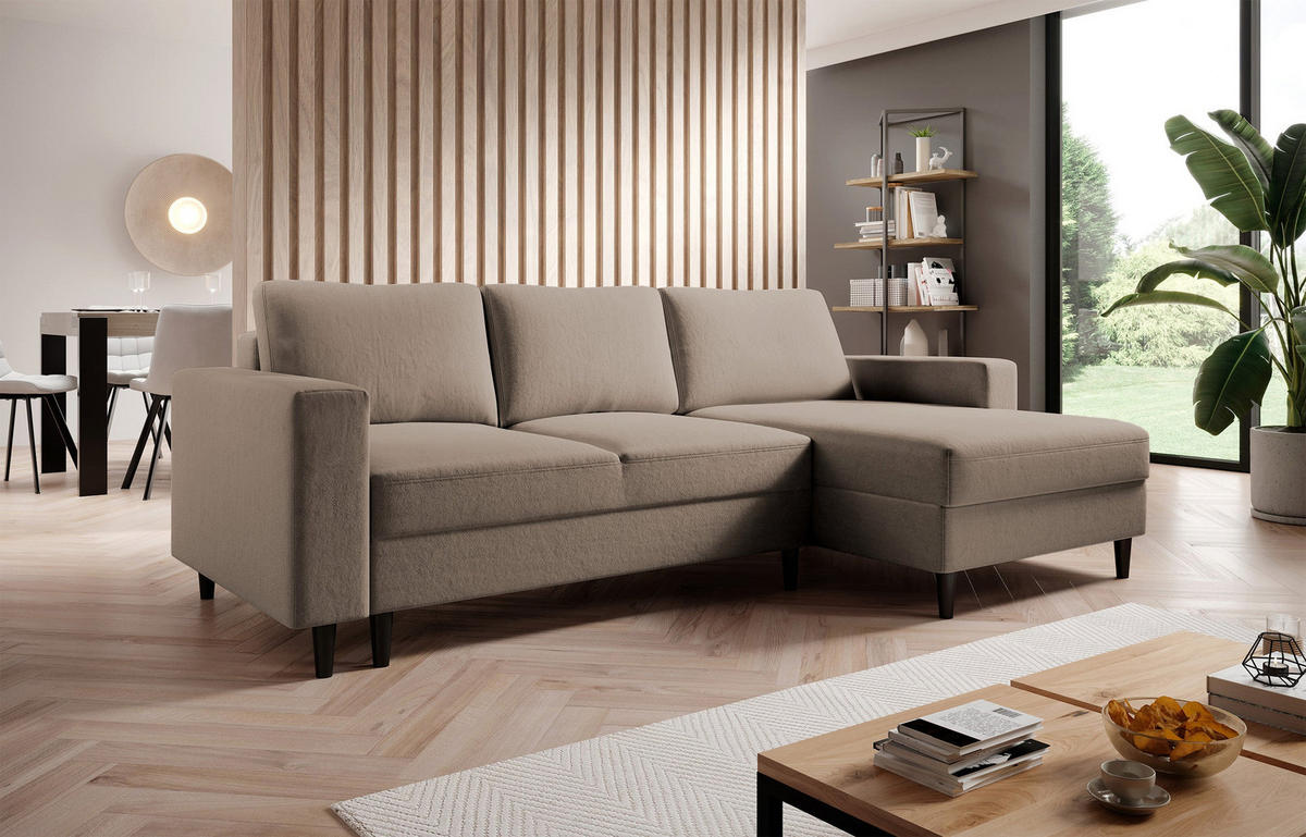 ECKSOFA Nalika Dunkelbeige Velours - Schwarz/Mokka, Holz/Textil (230/143cm) - Selsey