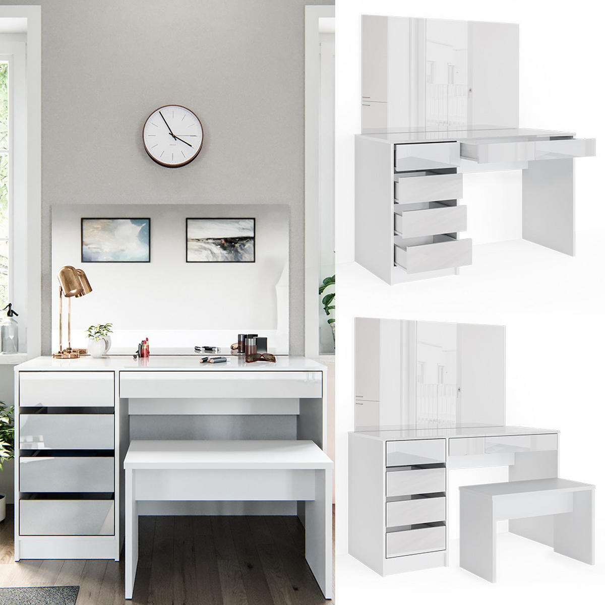 SCHMINKTISCH Sherry Weiß 120 cm mit Bank - Weiß, Holzwerkstoff (55/75/120cm) - Vicco